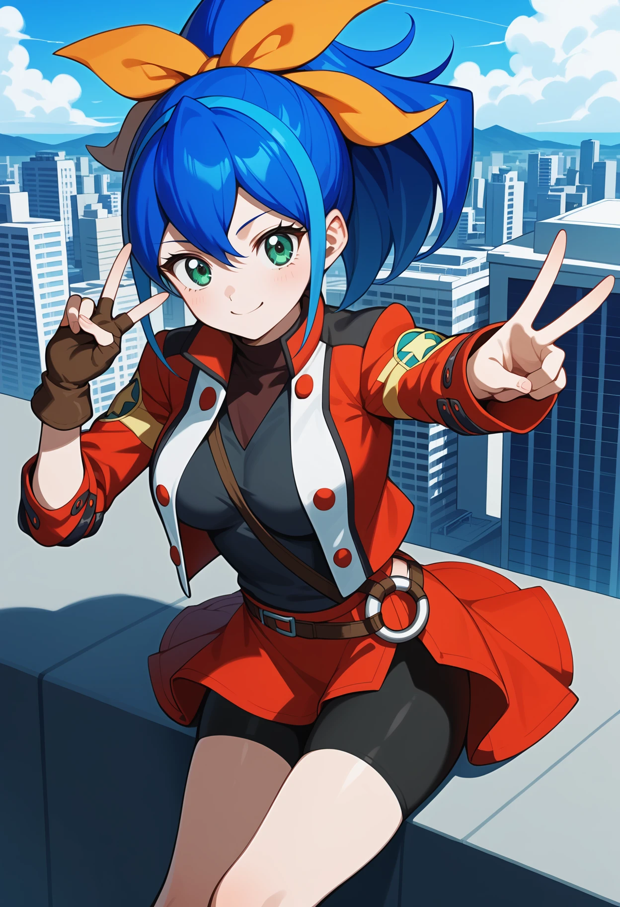 score_9, score_8_up, score_7_up, score_6_up, score_5_up, score_4_up, source_anime, aaserena, multicolored hair, blue hair, ponytail, hair bow, green eyes, breasts, black shirt, red jacket, single glove, fingerless gloves, brown gloves, buttons, belt, o-ring, shorts under skirt, red skirt, bike shorts, <lora:serena_(yu-gi-oh!)_ponyxl_v1:0.9>, rooftop, city, smile, peace sign,