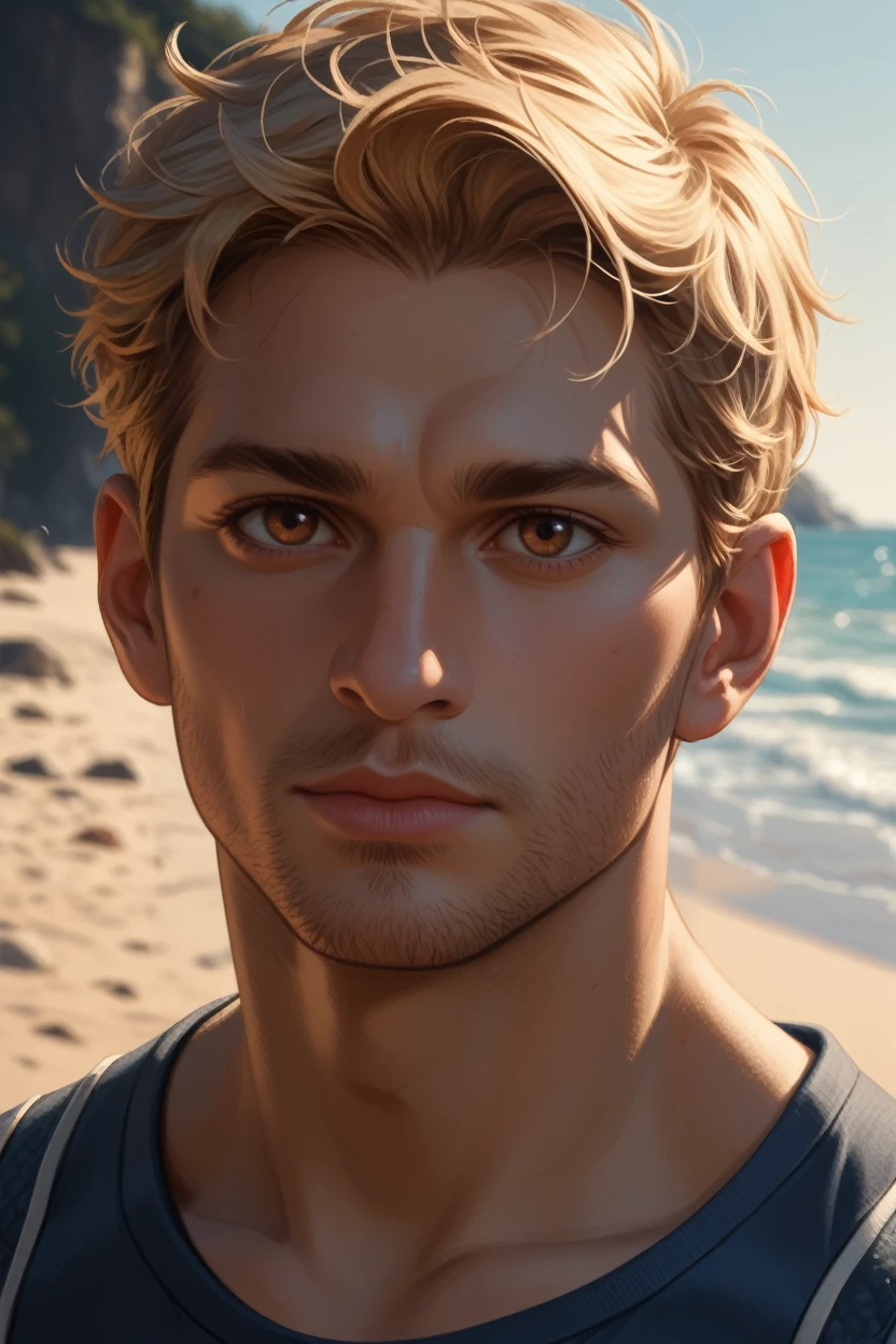 score_9, score_8_up, score_7_up,
<lora:DAAlistair:0.8>
DAAlistair, 1boy, short hair, brown eyes, blonde hair, looking at viewer, with strong jawline, intense gaze, beach in the background, soft focus, dramatic shadows, moody atmosphere