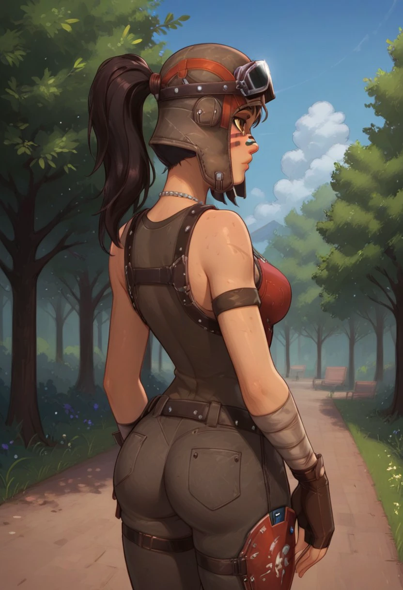 masterpiece,best quality, highly detailed, score_9, score_8_up, score_7_up, score_6_up, 
BREAK, 1girl, Renegade Raider, facepaint, necklace, bandaid on face, helmet, ponytail, standing, park, outdoor, solo, showing ass