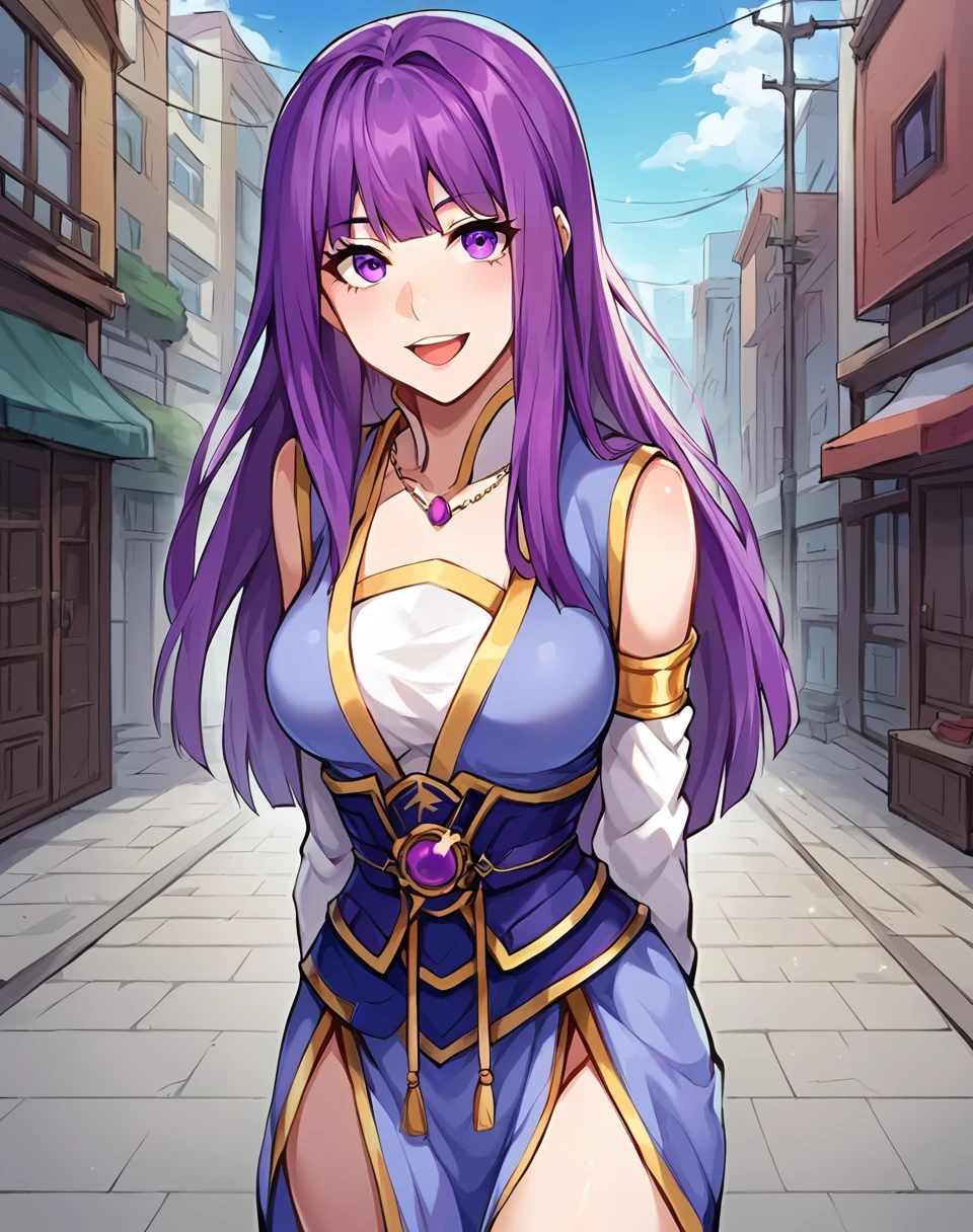 ye_ziyun, purple hair, purple eyes, long hair, breasts, manhua,  xianxia clothes, BREAK outdoors, city street, BREAK looking at viewer, sexy face, sexy smile, open mouth, cowboy shot,  arms behind back BREAK score_9, score_8_up, score_7_up, source_anime ,zPDXL, perfect hand, <lora:Ye_Ziyun:0.8>, solo, teen