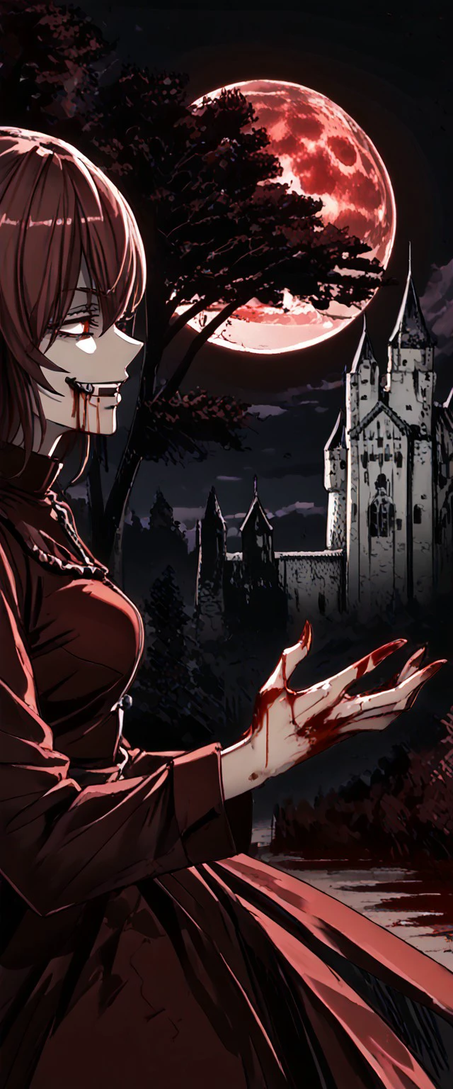 from side, vampire, girl, solo, pointed ears, smug, evil smile, medium breasts, burgundy tunic, burgundy pants, blood on hands, blood on mouth, outside, dark night, blood moon, trees, castle, detailed_background, <lora:820d47ad-63d6-4df1-9ddb-1edefdd03706:0.8>, <lora:50eeb69d-86ab-477c-b2b0-8ce5f6710f0b:0.7>