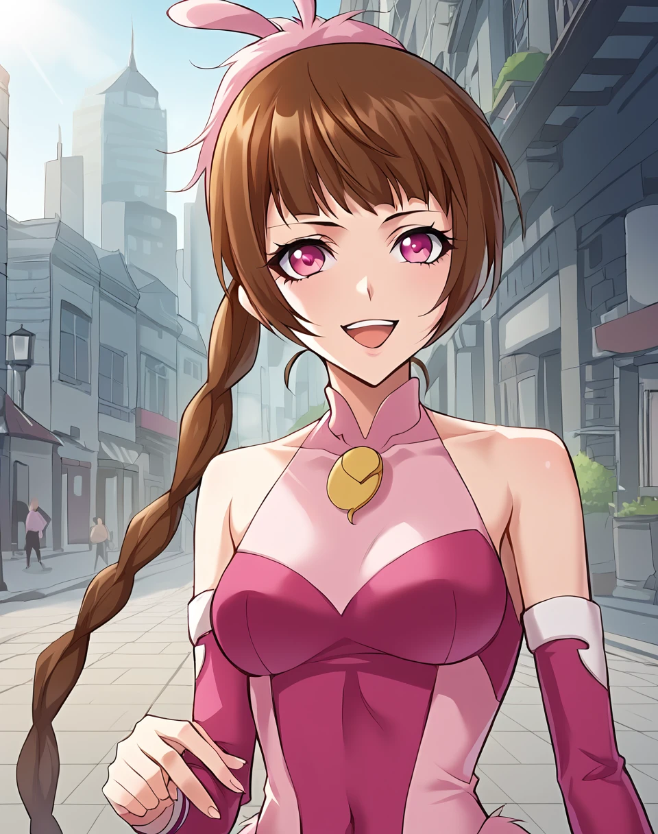 xiao_wu_manhua, adult, brown hair, very long hair, braided ponytail, pink eyes, hair ornament, detached sleeves, bare shoulders, pink battle dress BREAK outdoors, city street, BREAK looking at viewer, sexy face, sexy smile, open mouth, cowboy shot,  BREAK score_9, score_8_up, score_7_up, source_anime ,zPDXL, perfect hand,  <lora:Xiao_Wu:0.8>