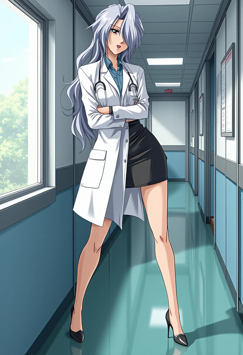 A detailed solo portrait of Midou Emiko. She has grey hair.
Anime style, sharp, high contrast and highly detailed., 
<lora:innai_kansen_midou_emiko_flux_v2_2-000025:0.8>,,, A beautiful young Japanese female surgeon standing with a serious and haughty expression. She is wearing a lab coat and has a stethoscope around her neck. She wears a shirt and pencil skirt. Looking professional, yet her beautiful long legs with high heels can be seen under the lab coat. 
She leans by a large window in a hospital alley, with plenty of natural light. Full body.