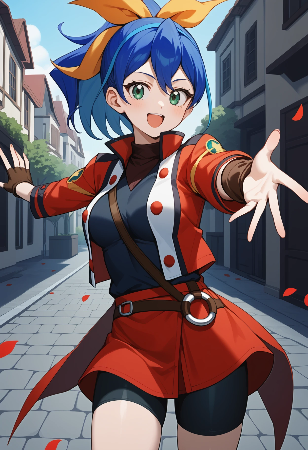 score_9, score_8_up, score_7_up, score_6_up, score_5_up, score_4_up, source_anime, aaserena, multicolored hair, blue hair, ponytail, hair bow, green eyes, breasts, black shirt, red jacket, single glove, fingerless gloves, brown gloves, buttons, belt, o-ring, shorts under skirt, red skirt, bike shorts, <lora:serena_(yu-gi-oh!)_ponyxl_v1:0.9>, standing, cowboy shot, reaching, outdoors, petals, smile, open mouth, town.