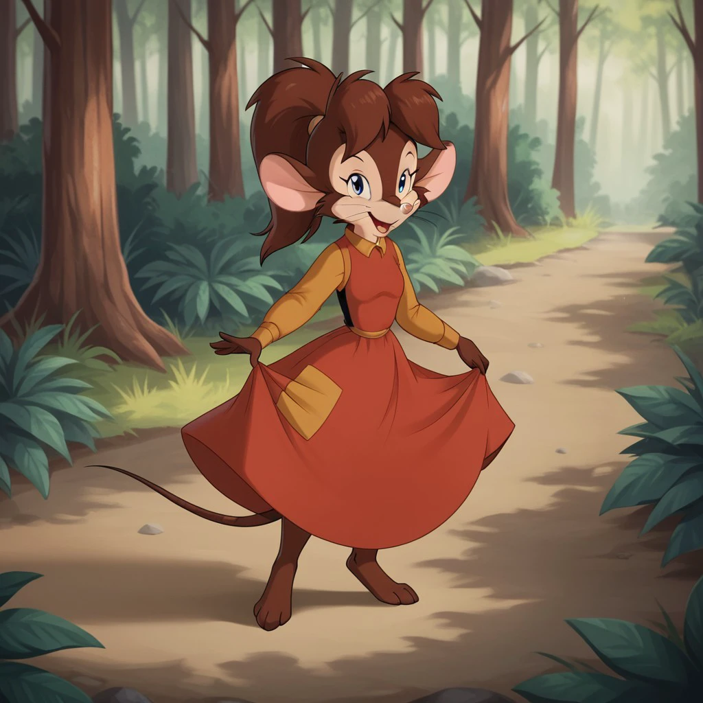 score_9, score_8_up, score_7_up, score_6_up, score_5_up, score_4_up, source_furry, tanyafgw, young anthro, female, mouse, brown fur, brown hair, ponytail,  full body, red dress, long sleeves,   looking at viewer, forest, small breasts, , <lora:c76b4841-2a5d-484b-91cc-81ff17d7ae4b:0.7>