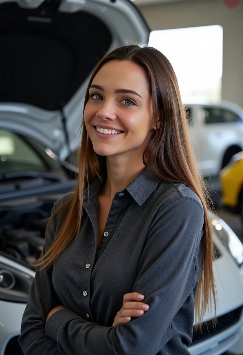 This is a high-resolution photograph of a young woman smiling warmly at the camera. She has long, straight hair that cascades over her shoulders and partially covers her left shoulder. Her skin is fair with a natural, healthy glow. She has expressive eyes and is smiling broadly, revealing her straight, white teeth. She is wearing a dark gray, button-up shirt made of a slightly textured fabric, which appears to be slightly oversized on her slender frame, suggesting it might be a work uniform.

The background is slightly blurred, but it appears to be an indoor setting, possibly a garage or workshop, indicated by the presence of a car hood or engine cover, which is open and visible on the left side of the image. The car hood is black, and the interior of the car is visible, with parts of the dashboard and steering wheel visible. The background also includes other elements such as a white car and what might be a yellow vehicle, suggesting a multi-car garage or a busy mechanic shop. The lighting is natural, likely coming from large windows or skylights, which are out of focus in the background. The overall atmosphere is cheerful and professional. P1P3R