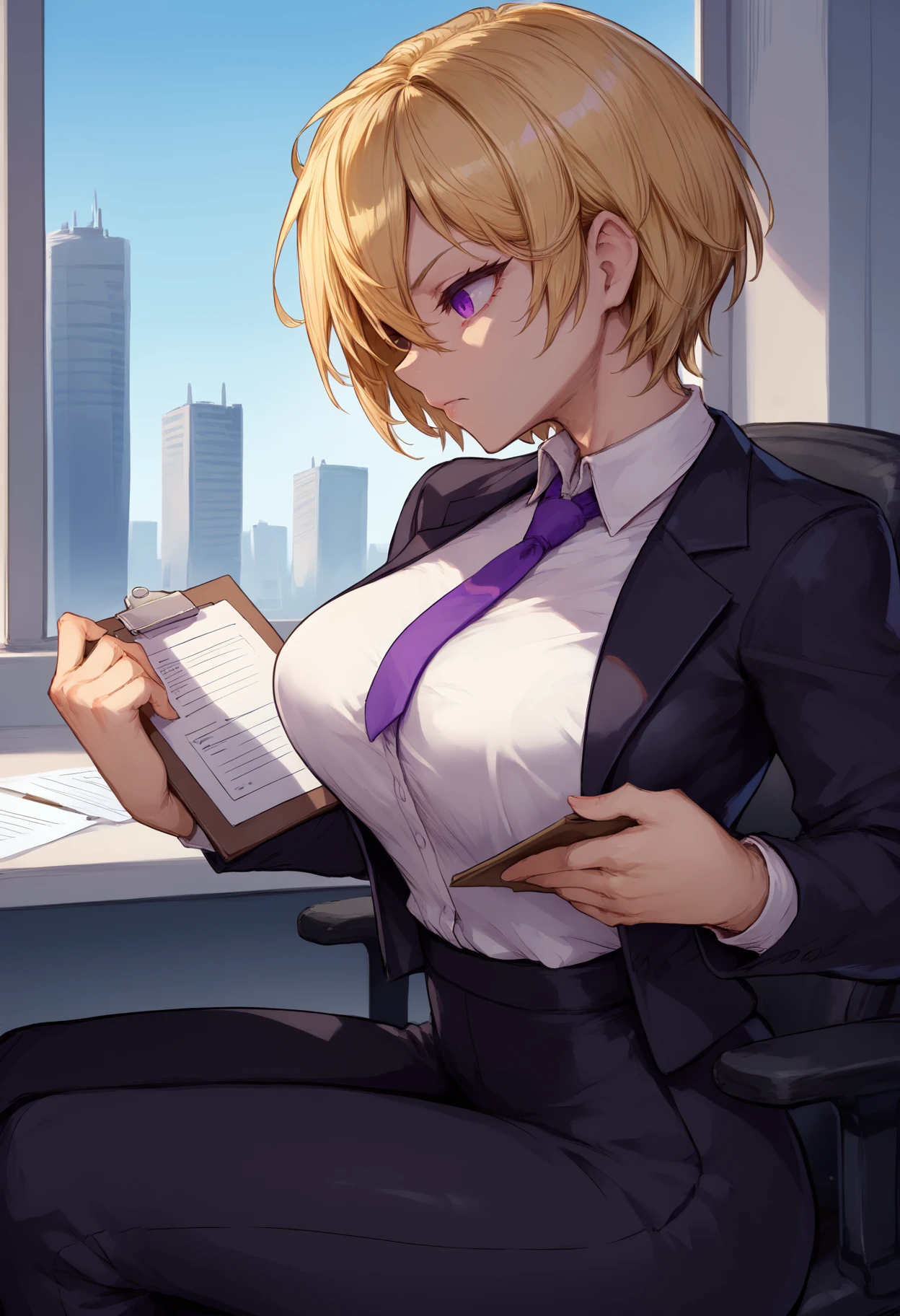 score_9, score_8_up, score_7_up, 1girl, clgret, purple eyes, short hair, hair between eyes, blonde hair, large breasts,
black blazer, collared shirt, purple necktie, short necktie, black suit pants,
facing viewer, holding clipboard, dynamic pose, sitting, office chair,
indoors, office, window, cityscape, skyscraper, side view,
<lora:Cless-Gretchen-Lilitales-PDXL_V1-Manityro-CAME:1.0>,