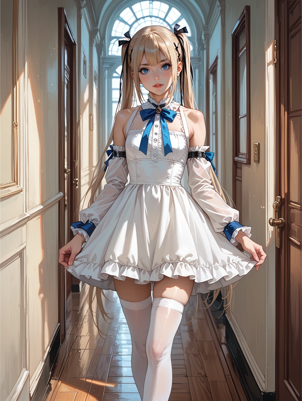 masterpiece, best quality, <lora:marierose-nvwls-v1-000009:0.9> doamarie, twintails, x hair ornament, hair ribbon, choker, harness, black skirt, black dress, detached sleeves, black sleeves, frills, looking at viewer, smile, skirt hold, mansion, platform boots, smile, hallway