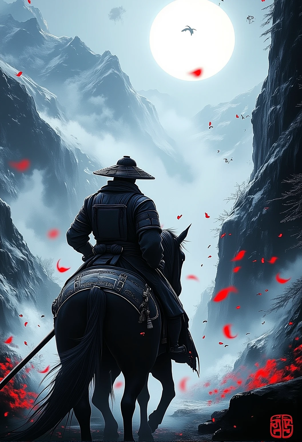 . A wide-angle shot of a male Samurai riding a horse through misty mountains in snow-covered mountains with traditional clan symbols and dappled forest light., <lora:bv-crimson-ronin-style-v1.safetensors:1.0:1.0>