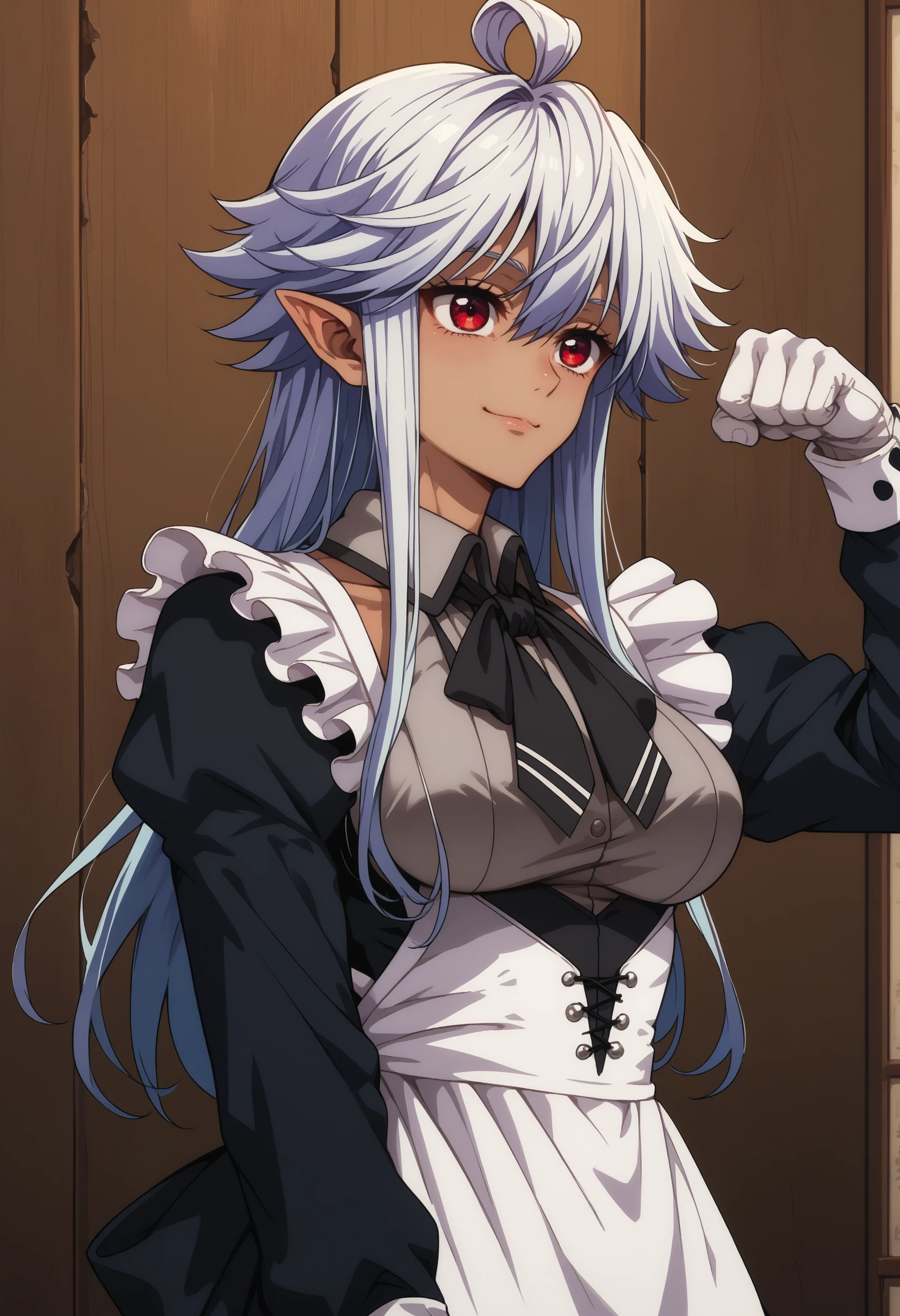 score_9, score_8_up, score_7_up, source_anime, <lora:wrenchShinmaiOjisanReanette:1>, soreanette, white hair, long hair, dark skin, red eyes, pointy ears, ahoge, sidelocks, large breasts, hair between eyes, collarbone, 
full-length portrait, maid, black dress, maid apron, white gloves, long sleeves, maid headdress, maid apron, flexing, smirk,