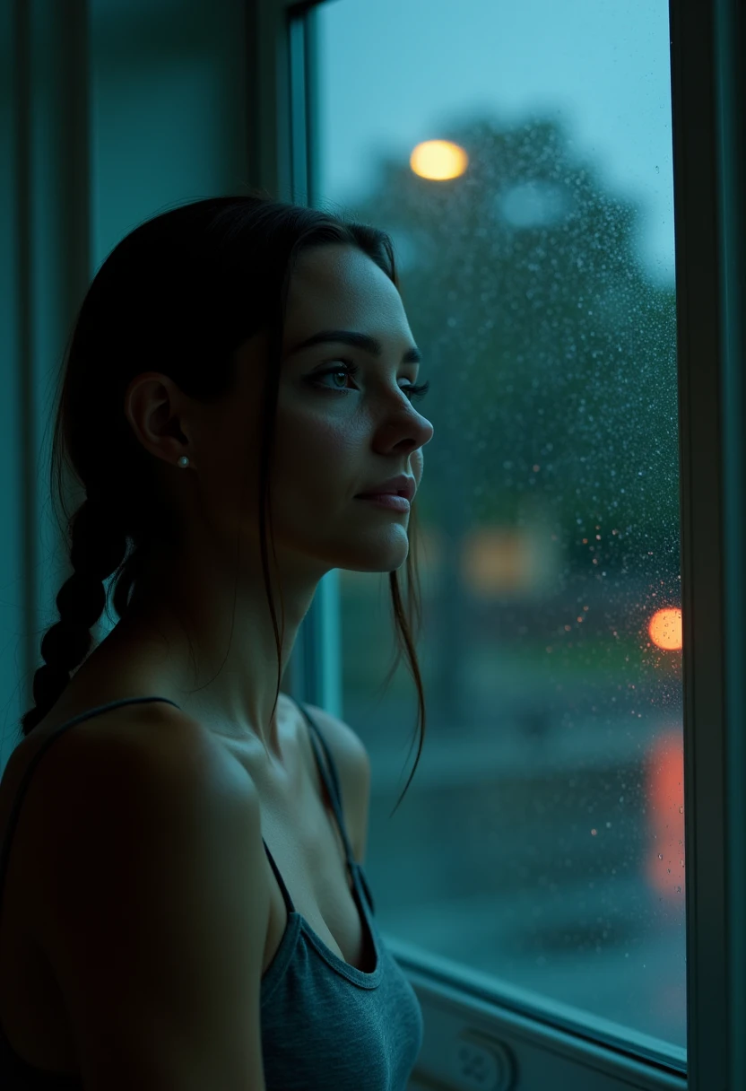 This is a highly detailed, high-resolution photograph depicting a young woman gazing out a rain-soaked window, her expression somber and contemplative. The image is taken in a dimly lit room, with the only light source being a soft, orange glow from a street lamp outside, visible through the window. The woman's wet hair clings to her face and shoulders, suggesting she has been outside in the rain. She wears a simple, sleeveless top that reveals her bare shoulders and upper arms. The texture of the raindrops on the window is vividly captured, creating a sense of realism and intimacy. The colors in the image are muted, with a cool blue and green hue dominating the scene, adding to the moody and introspective atmosphere. The woman's eyes are fixated on something outside, her lips slightly parted, giving her a pensive look. The overall style of the photograph is realistic, with a focus on capturing the emotional depth and atmospheric details of the scene. The image evokes a sense of solitude and introspection, making it a powerful and evocative visual representation. P1P3R