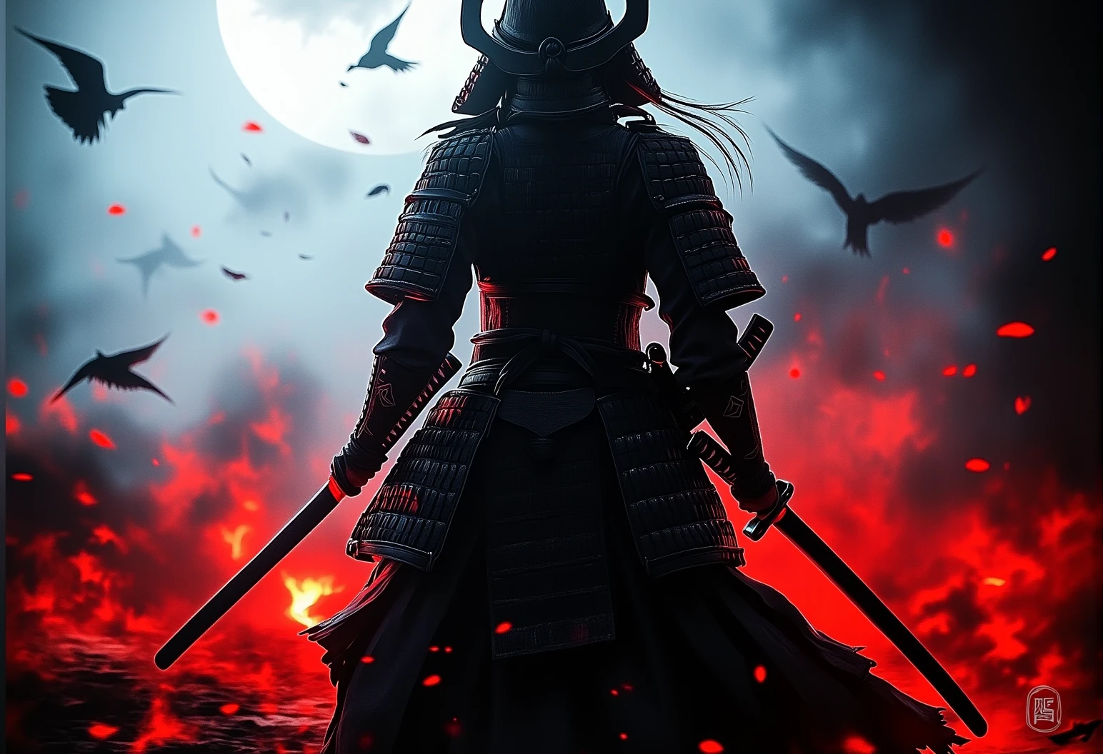 . A close-up shot of a female Samurai standing still, surrounded by swirling fog and red embers wearing traditional black armor with intricate red details, with a sky filled with crows in the background. The atmosphere is dark and foreboding, with wisps of smoke and ash blending into the scene., <lora:bv-crimson-ronin-style-v1.safetensors:1.0:1.0>