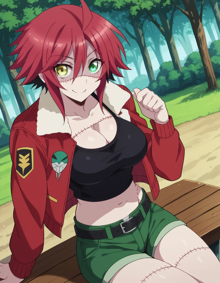 score_9, score_8_up, score_7_up, source_anime, <lora:zombina-s1-ponyxl-lora-nochekaiser:1>, zombina, short hair, large breasts, green eyes, yellow eyes, ahoge, red hair, heterochromia, stitches, zombie, patchwork skin, navel, cleavage, jacket, shorts, midriff, belt, open jacket, crop top, short shorts, tank top, red jacket, green shorts,, bike ride, countryside, dirt road, trees, afternoon sun, peaceful, alone, smile, looking at viewer, sitting, elbow rest, table,, solo,, dutch angle,