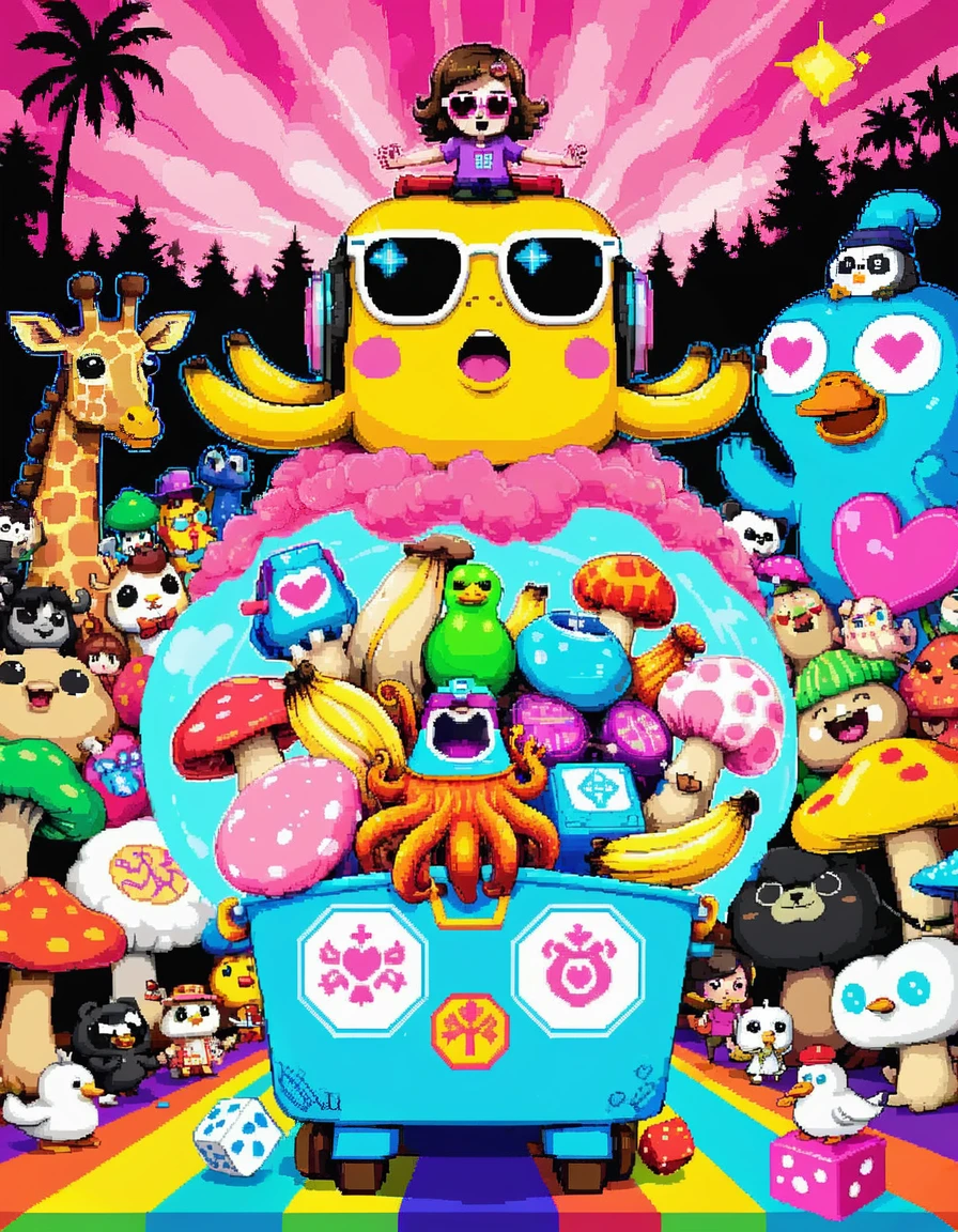 <lora:pixxxponylite:0.7>pxll bull fighter with cylindrical head made out of colorful patterns and hearts, glowing eyes, rainbow out of open mouth, bananas, octopus, mushroom, dice, bowling pin, people with square faces and strange costumes, penguin, giraffe with sunglasses, small house on his head with trees and 5 people in the pink clouds on his head, floating panda sunfish cow and duck,