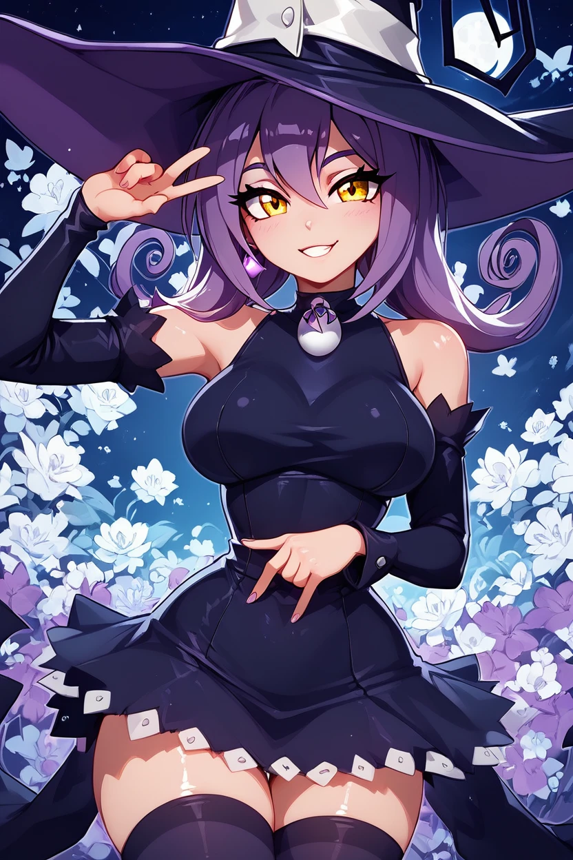 score_9, score_8_up, score_8, big breasts, (curvy), cute, eyelashes, ,,, zzBlair, 1girl, solo, yellow eyes, purple hair, witch hat, witch, detached sleeves, black short dress, thighhighs, <lora:Blair_SoulEater_PDXL_v1:0.8> ,,, smile, looking at viewer, moon, dark theme, white outline, cowboy shot, ,,, shiny skin, <lora:ProAnime_PDXL_v1:0.8>, night garden, flowers, soft shadows, moonlight reflecting off skin, whisper of wind, ,,, embedding:zPDXL, Expressiveh, <lora:SDXLFaeTastic2400:0.5>, <lora:Expressive_H-000001:0.4>,