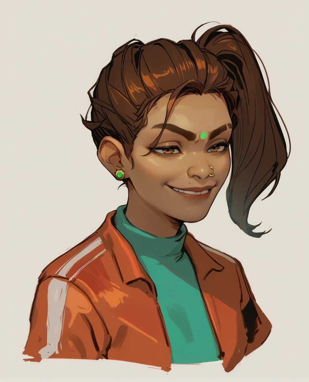 score_9,score_8_up,score_7_up,
Rampartxl,side ponytail,brown hair,green forehead mark,nose ring,earrings,
orange track pants,orange jacket,cropped green shirt,
solo,smug,
<lora:RampartXL:0.9>,