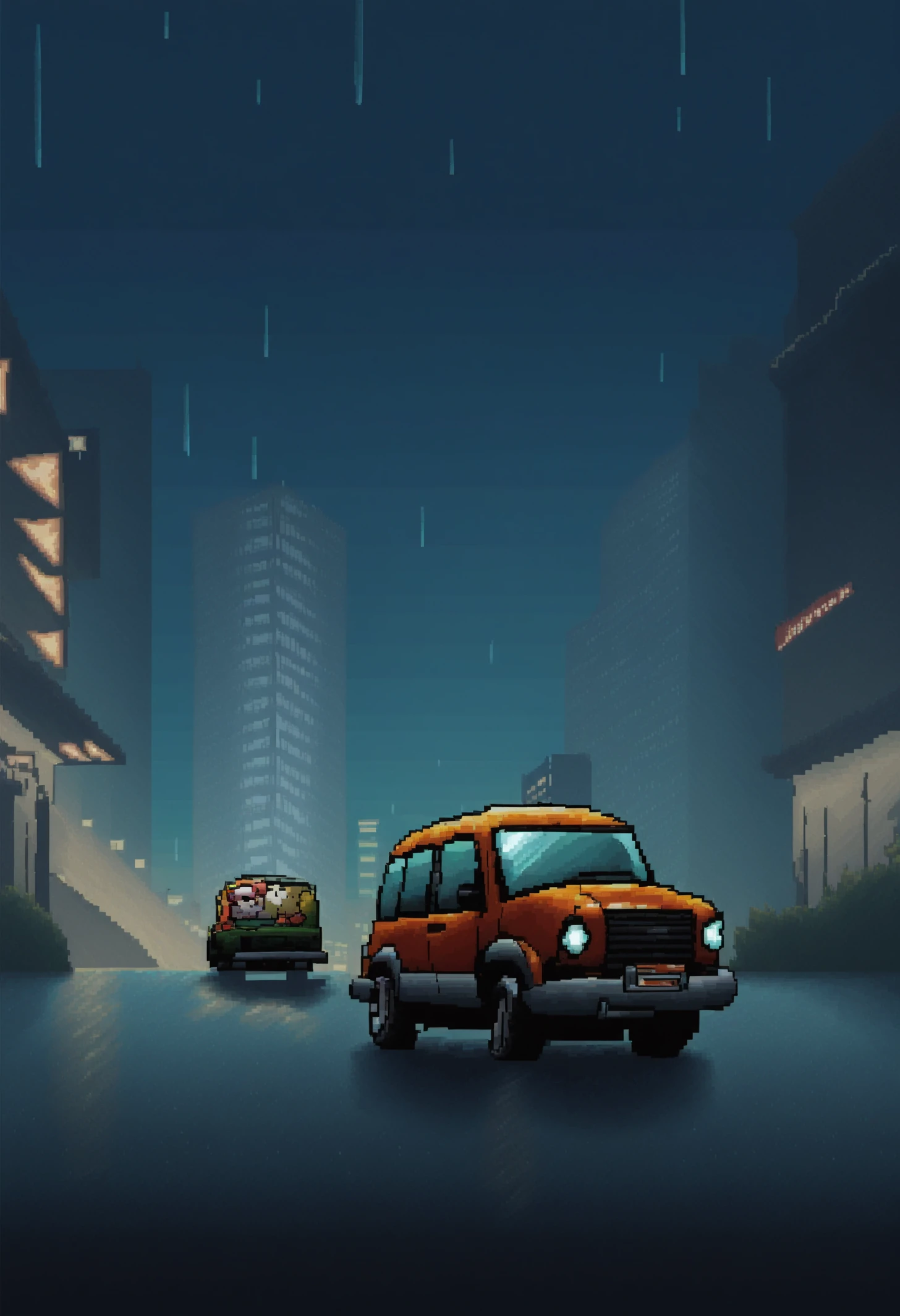 yoshistyle, pixel art, safe_pos, score_9, score_8_up, score_7_up, truck, vehicle, city, night, rain