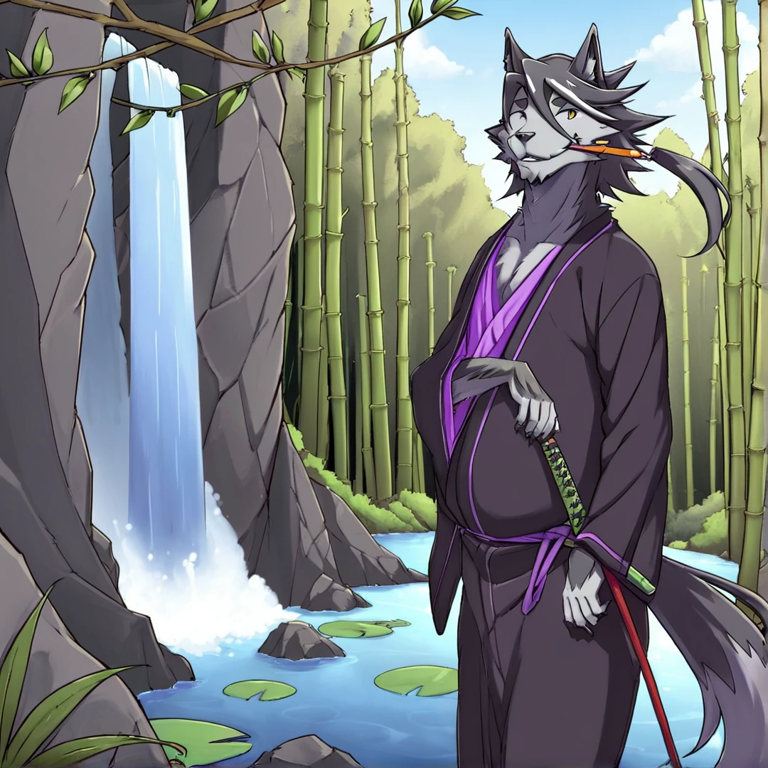 <lora:Halibel:1>, halibel, is a wolf human, with relatively long black fur, clad in a dishevelled black kimono, possessing worn-down purple accents, his golden eyes, are usually narrowed into two slits, he often likes biting on his golden kiseru with his teeth, solo, in a jungle, surrounded with bamboo trees, vines around trees, animals, river, waterfall