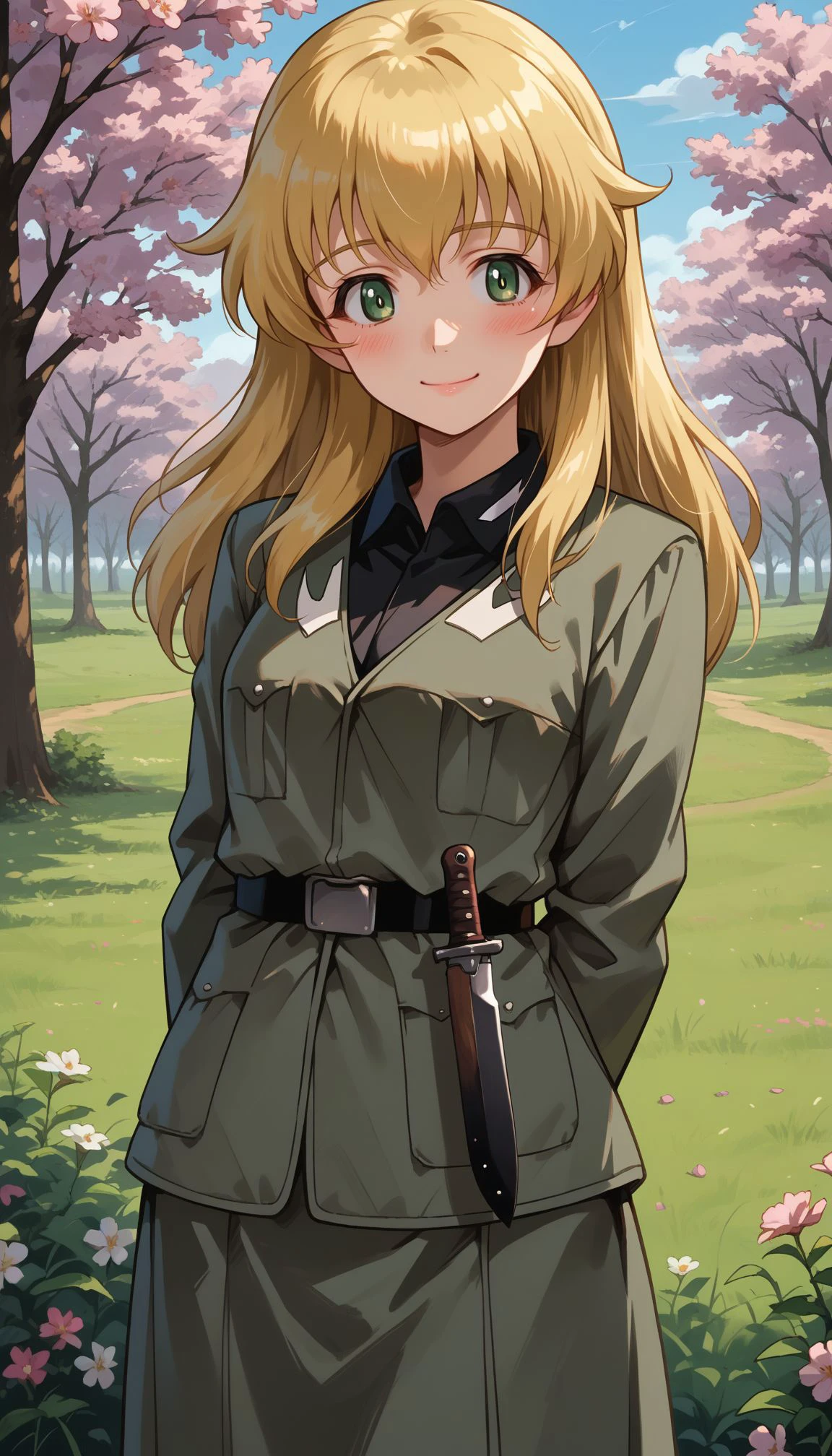 score_9, score_8_up, score_7_up, source_anime, ,outdoors,cherry blossoms,standing,cowboy shot,smile, flower field,
 <lora:GUPCarpaccio:1>, BCarpaccio, 1girl, carpaccio (girls und panzer), long hair, green eyes, anzio military uniform, blonde hair, smile, arms behind back, grey skirt, looking at viewer, knife, black shirt, belt, grey jacket, outdoors, standing, miniskirt, dress shirt, long sleeves, closed mouth, blush