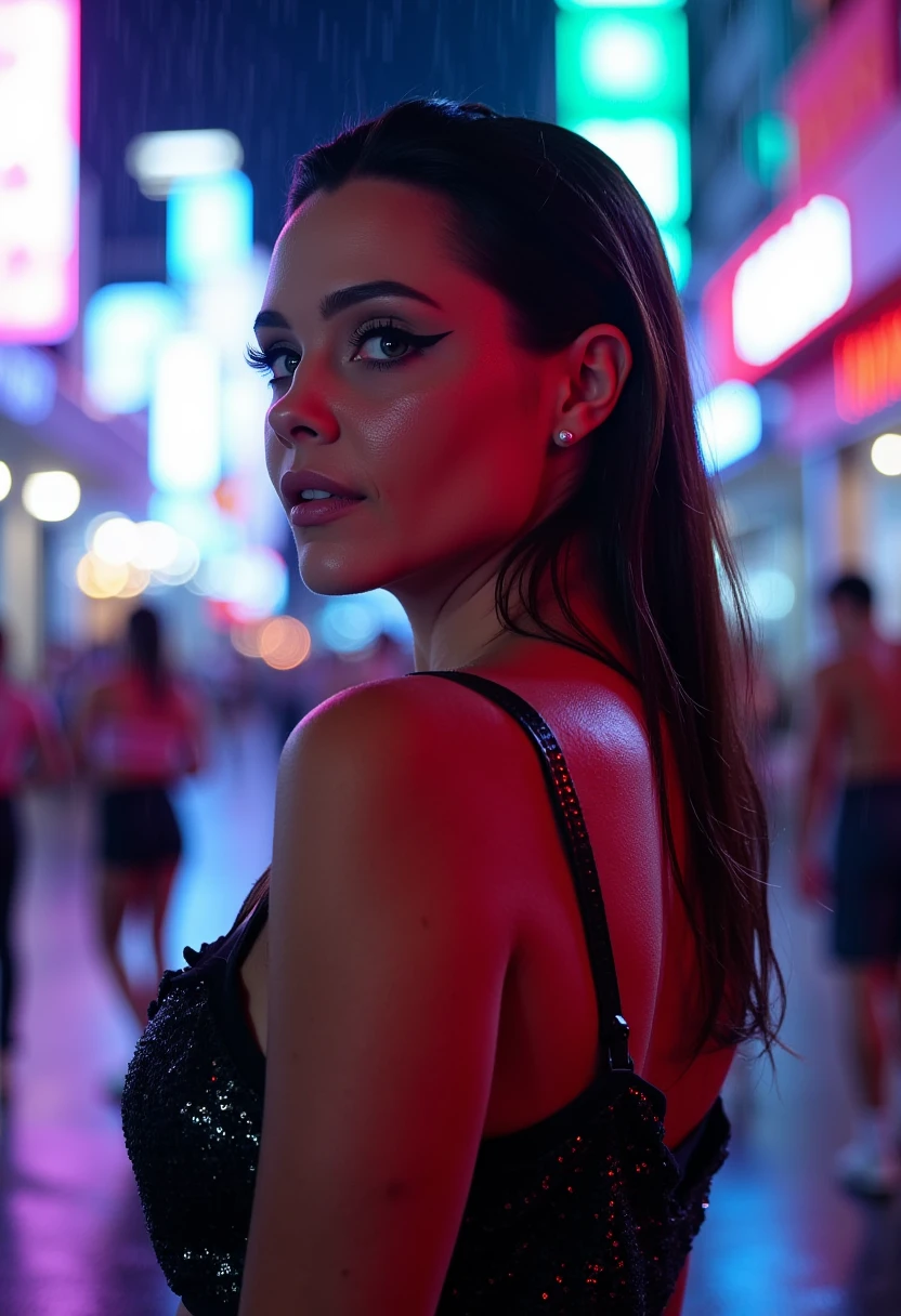 This is a vibrant, high-resolution photograph featuring a woman with a striking, dramatic look. The image is set against a backdrop of a neon-lit cityscape, with blurred lights in various colors including pink, blue, and green, creating a bokeh effect. The woman is positioned in the foreground, facing slightly to the right, with her wet, dark hair slicked back and glistening. Her makeup is bold and dramatic, with dark eyeliner accentuating her large, expressive eyes, and a glossy, dark pink lipstick adding a pop of color to her lips. She wears a dark, sequined top that reflects the surrounding light, giving it a shimmering quality. The background is a mix of cool and warm hues, with rain falling vertically, adding a dynamic element to the scene. The overall atmosphere is moody and evocative, capturing a sense of urban nightlife and sensuality. The image is a blend of high fashion and street photography, with a focus on textures and lighting that create a visually striking and emotionally charged composition. S4R4HH41R