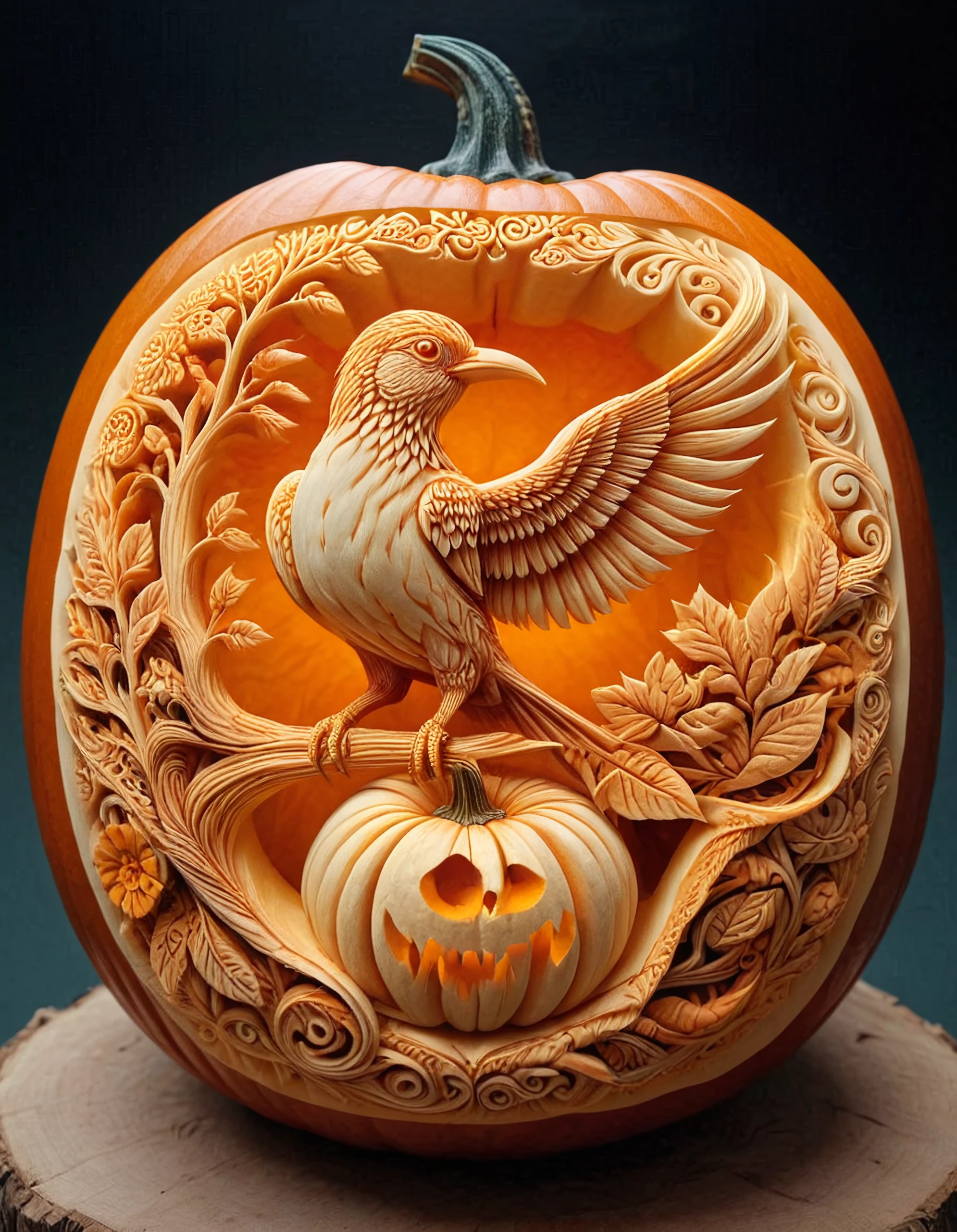 pumpkarv, carved pumpkin art of a paradise bird