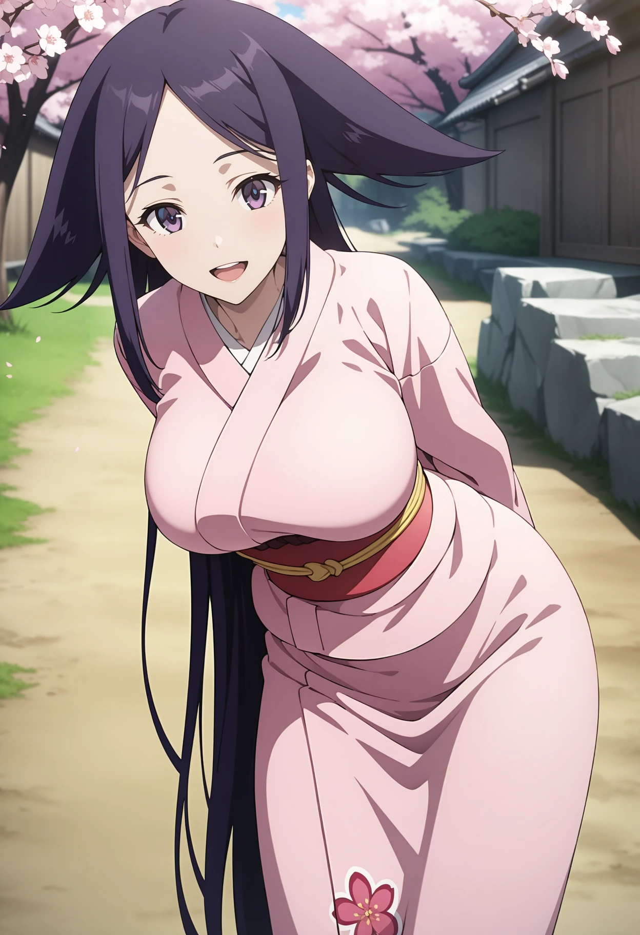 (masterpiece, best quality, very aesthetic, ultra detailed), intricate details, 4k, aaoharu, long hair, purple hair, hair flaps, purple eyes, large breasts, japanese clothes, print kimono, pink kimono, long sleeves, obi, sash, <lora:oharu_animagine_v1:0.9>, arms behind back, leaning forward, standing, outdoors, open mouth, cherry blossoms, smile,