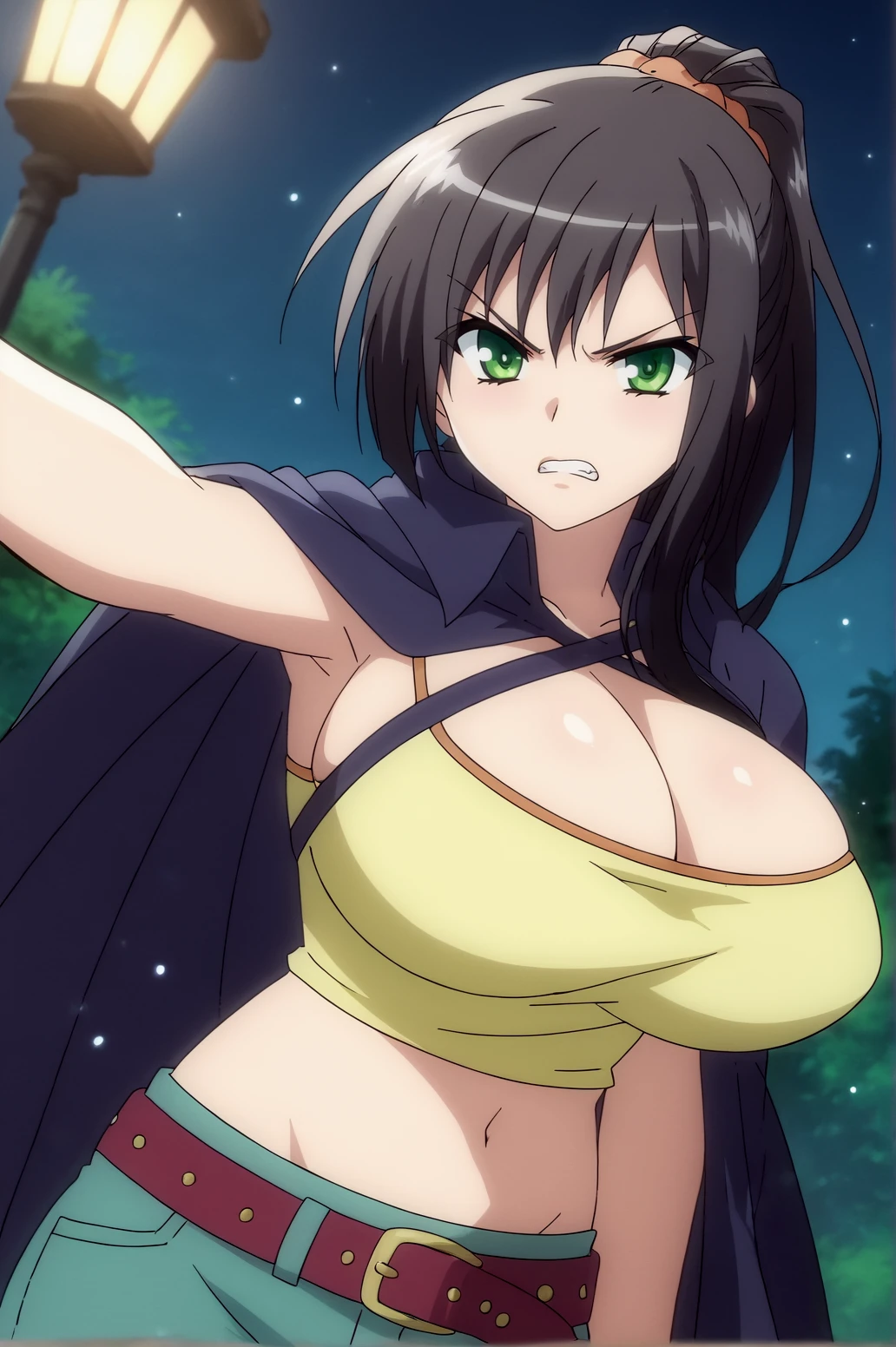 score_9, score_8_up, score_7_up,anime_source, source_anime, best background, detailed background, anime screencap,  Seraphim, cape, midriff, solo, tsundere, huge breasts, outdoors, night, dynamic angle, naughty face, dynamic camera, dynamic pose, outdoors, soft particles, <lora:JN_Seraphim:0.8>