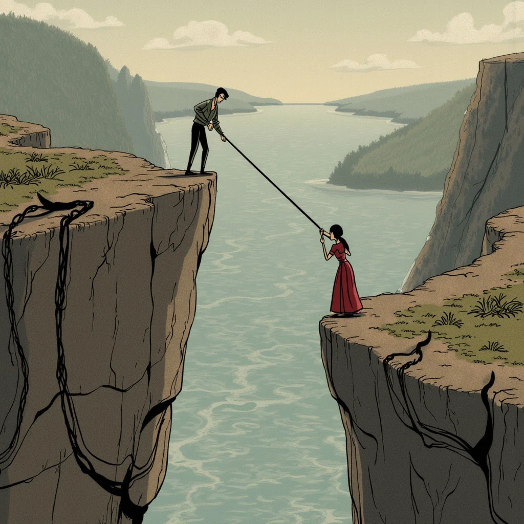 cliffs, a man and a woman, holding a rope