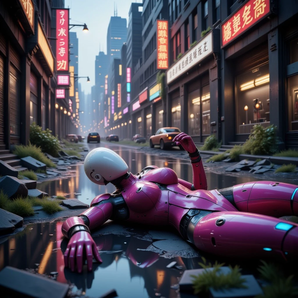 hyper realistic very detailed, White bald female faceless manequin wearing a pink cybersuit with blue glow, lying on the ground, in ruined, decay neon street, rainy dakr night, faceless mannequin, Cybersuit, Detailed hand, Hand, Perfect hand