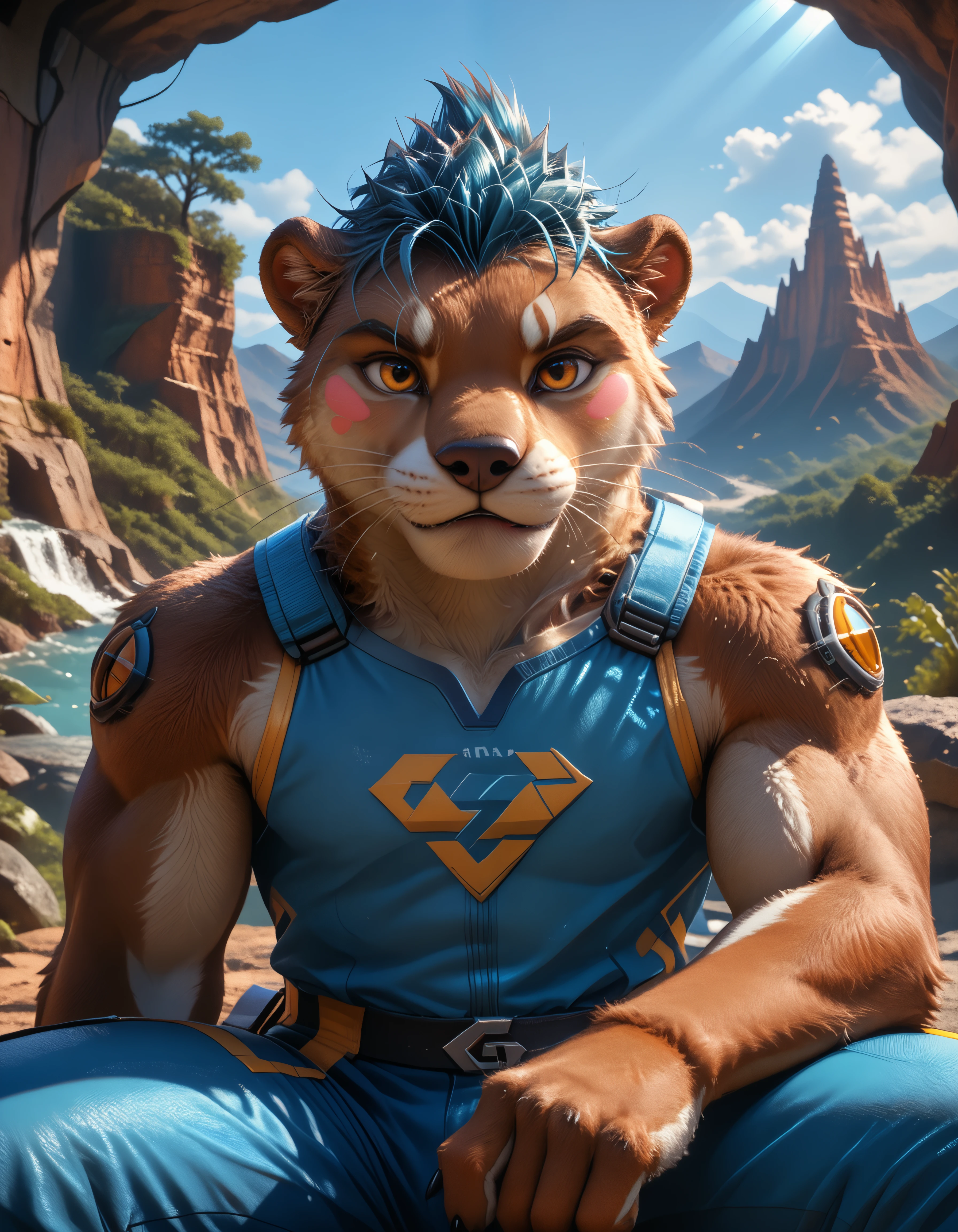 score_9, score_8_up, score_7_up, rating_safe,  detailed, <lora:add-detail-xl:1.0>, solo, anthro, furry, <lora:ottis_the_otter_v1-09.safetensors:1.0>, ott1s_the_0tter, 1boy, solo, male focus, clothing (pov, reclining fighting pose hand on thigh looking aside, blush stickers, canyon tower light beam tornado:1.15)