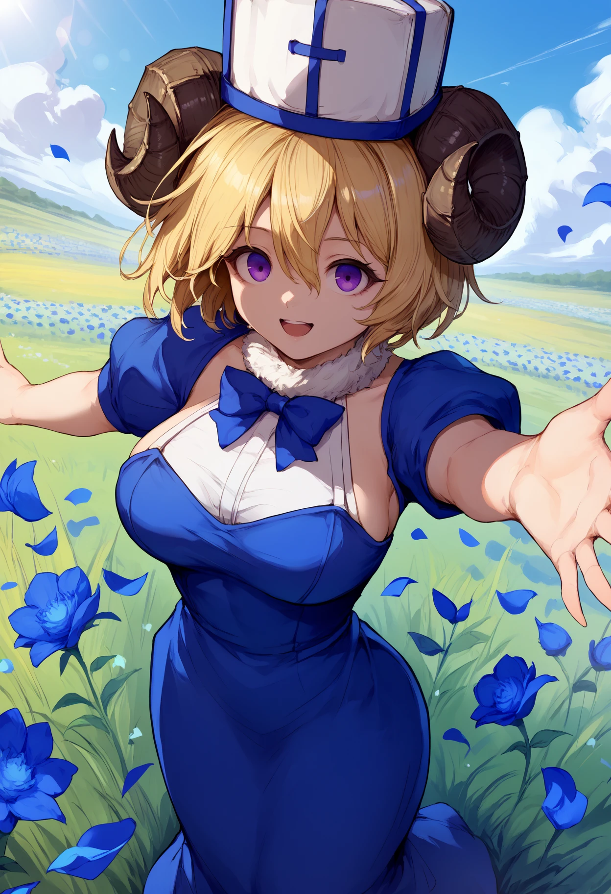 score_9, score_8_up, score_7_up, 1girl, clgret, purple eyes, short hair, hair between eyes, blonde hair, large breasts,
mitre, white headwear, fur collar, neck tuft, blue dress, frills, puffy sleeves, ribbons, bowtie, sheep horns, curled horns,
looking at viewer, happy, open mouth, outstretched arms,
outdoors, field, blue flowers, sunbeam, wind, blue petals, lens flare, from above, dutch angle, blue theme,
<lora:Cless-Gretchen-Lilitales-PDXL_V1-Manityro-CAME:1.0>,