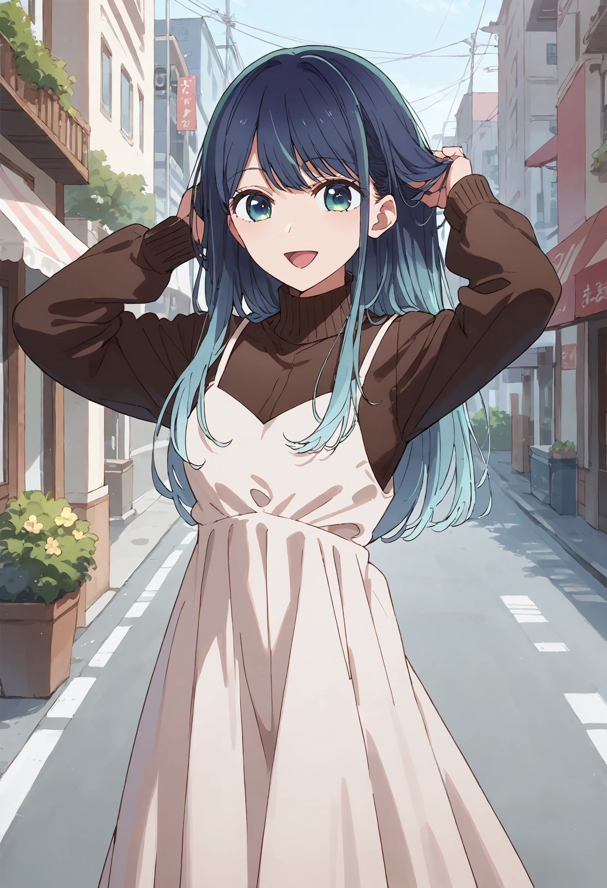 score_9, score_8_up, score_7_up, , score_ANIME,perfect hands, kurokawaakane, 1girl, solo, long hair,, blue hair, long sleeves, closed mouth, bangs, , gradient hair, upper body, smile, open mouth, turtleneck sweater, aqua eyes, brown sweater, , pinafore dress, standing <lora:kurokawaakane_pony2:0.9> cowboy shot, breasts,  cowboy shot,  long dress, days, street,    , hand in own hair,  looking at viewer,