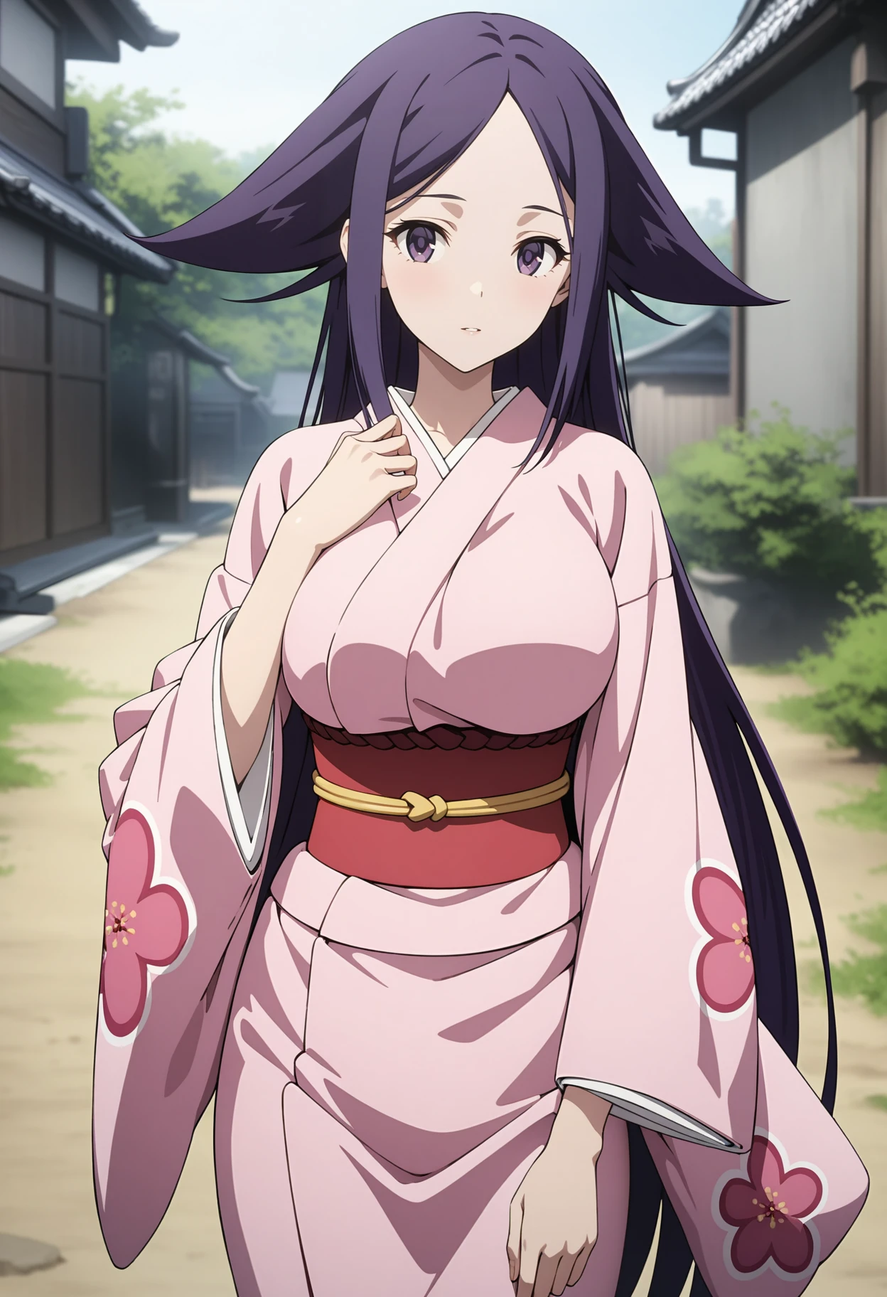 (masterpiece, best quality, very aesthetic, ultra detailed), intricate details, 4k, aaoharu, long hair, purple hair, hair flaps, purple eyes, large breasts, japanese clothes, print kimono, pink kimono, long sleeves, obi, sash, <lora:oharu_animagine_v1:0.9>, standing, cowboy shot, outdoors,