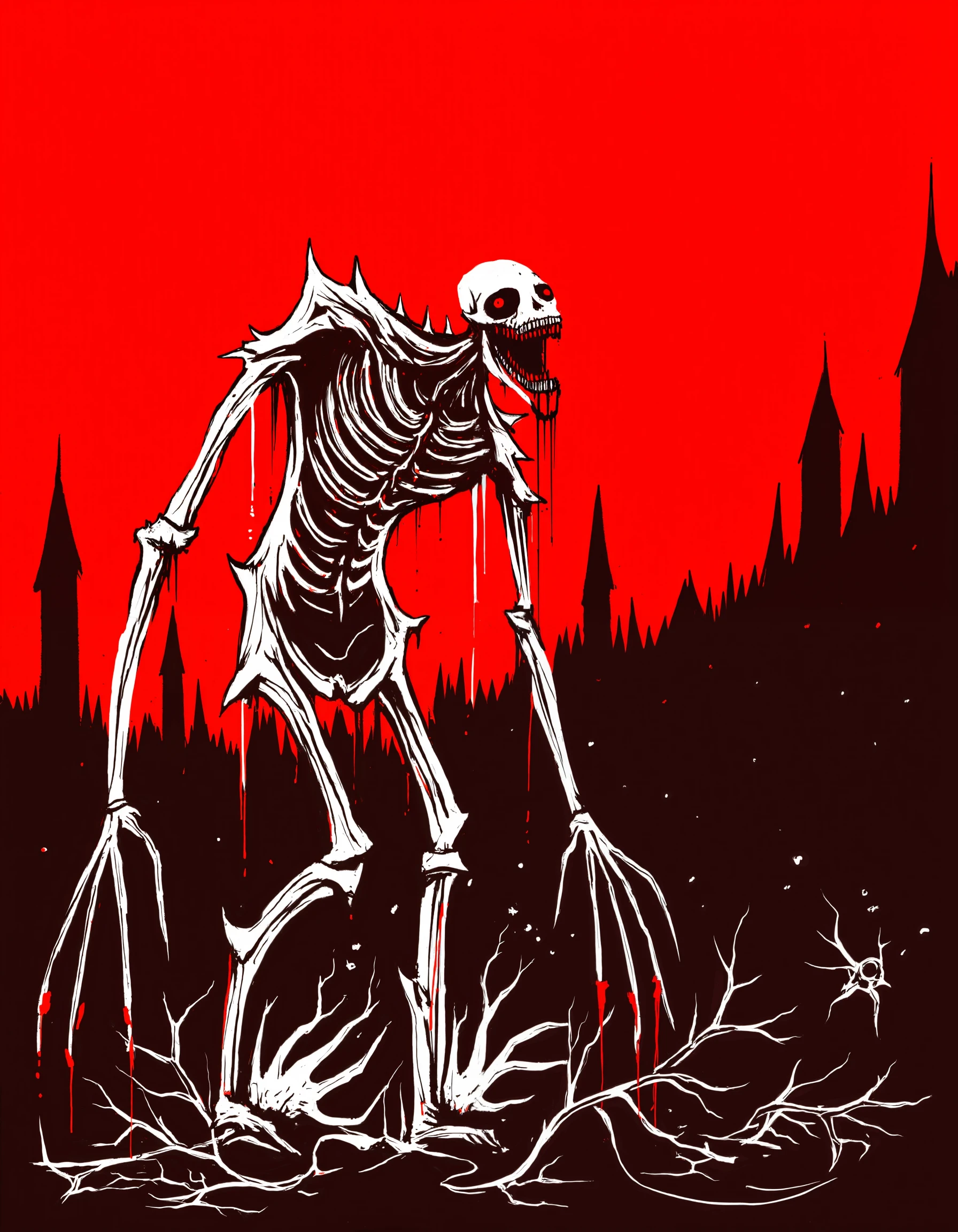 i see red, A towering, skeletal creature looms over a field of darkness, its body a twisted mass of sinew and bone, stark white against the blood-red sky. Its elongated limbs twitch and convulse as it claws at the earth beneath it, tearing apart the ground with ferocity. The creature’s face is nothing more than a wide, tooth-filled grin, the teeth too sharp, too clean, each one dripping a slow trickle of red that stains the void beneath its feet. Its hollow, eyeless sockets seem to track movement, following an unseen presence in the distance. Tendrils of smoke-like shadows coil around its body, dancing in a frenzied pattern as if alive. The ground beneath the creature's clawed feet is littered with shattered bones, their white remnants glistening in the harsh red light. As the creature moves forward, a deep, guttural growl rumbles from within, shaking the very ground, sending shockwaves of terror through the bloodstained air.