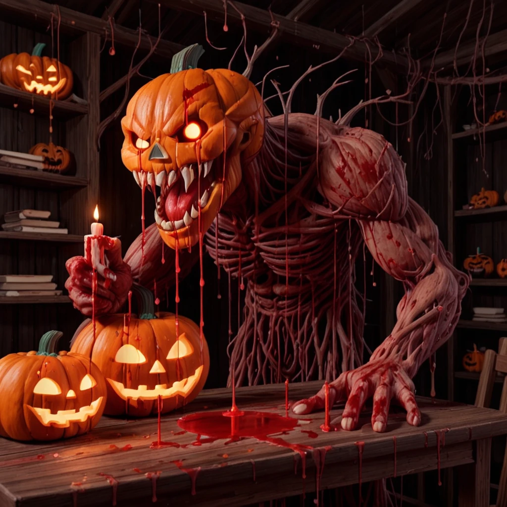 candle wax on table, glowing red eyes, thin orange vines hanging from body, unlit jack o lantern on table, blood splatter, sharp teeth and fangs, in front of old table, lit jack o lantern on shelf, small branch-like wooden hair, hand on table, candles dripping wax, grinning insanely and bearing teeth