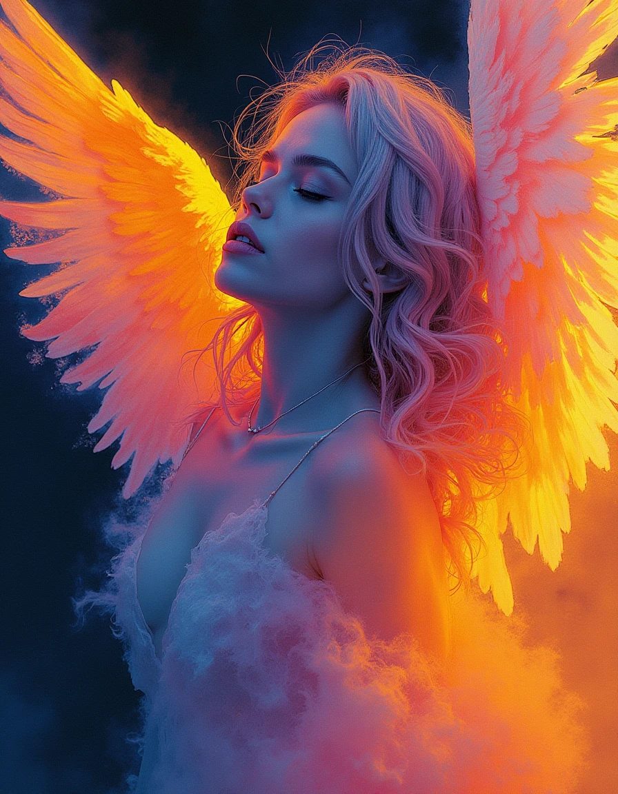 fluorescent angel, intense covering watercolor painting, opaque Feathers, dripping fluorescent yellow and Bronze surface, rich vivid colors, Lavender colored detailed eyes contours, Plush, Evocative Provoking, strong borders, Cinestill wet Flames, adhesive Soot, high opacity, gouache sharp focus painting