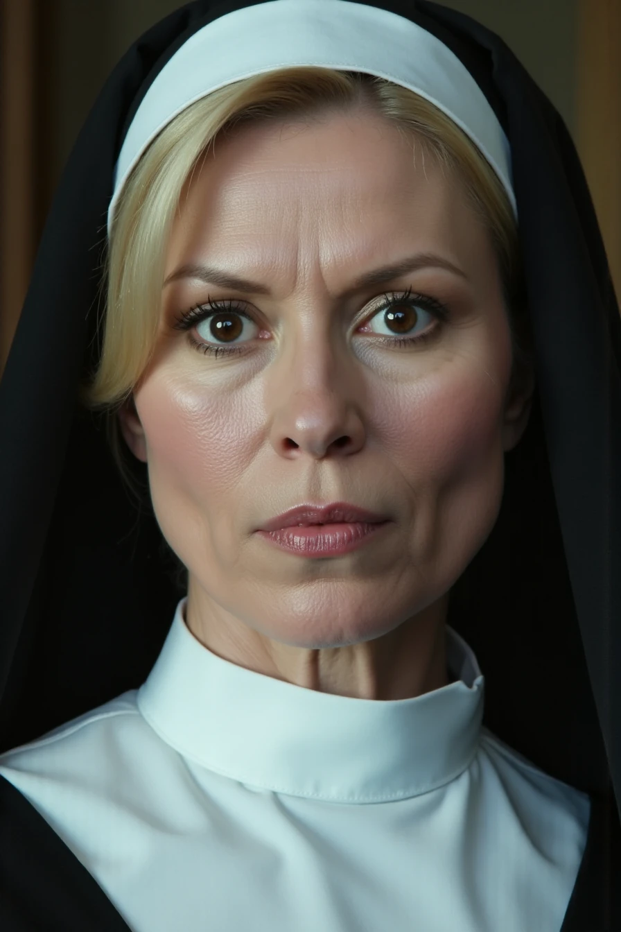 <lora:Leslie Easterbrook_Flux_Rapid:1.0> professional photo, close-up portrait of a 30yo blonde woman as a nun in a traditional outfit, looking down at and scolding the viewer with a stern look