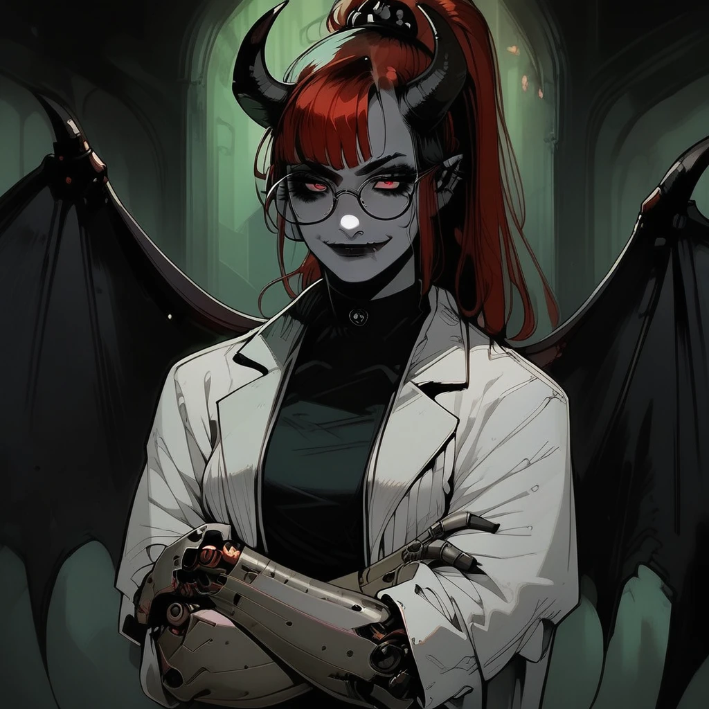 score_9, score_8_up, score_7_up,  beautiful, full body <lora:SophraxiaHornyscientist:1> 1 girl, SophraxiaHornyscientist, lab coat, white coat, goth, goth girl, demon girl, grey skin, succubus, horns, mechanical arm, robot arm, round glasses, red hair, ponytail,  wings, bat wings,