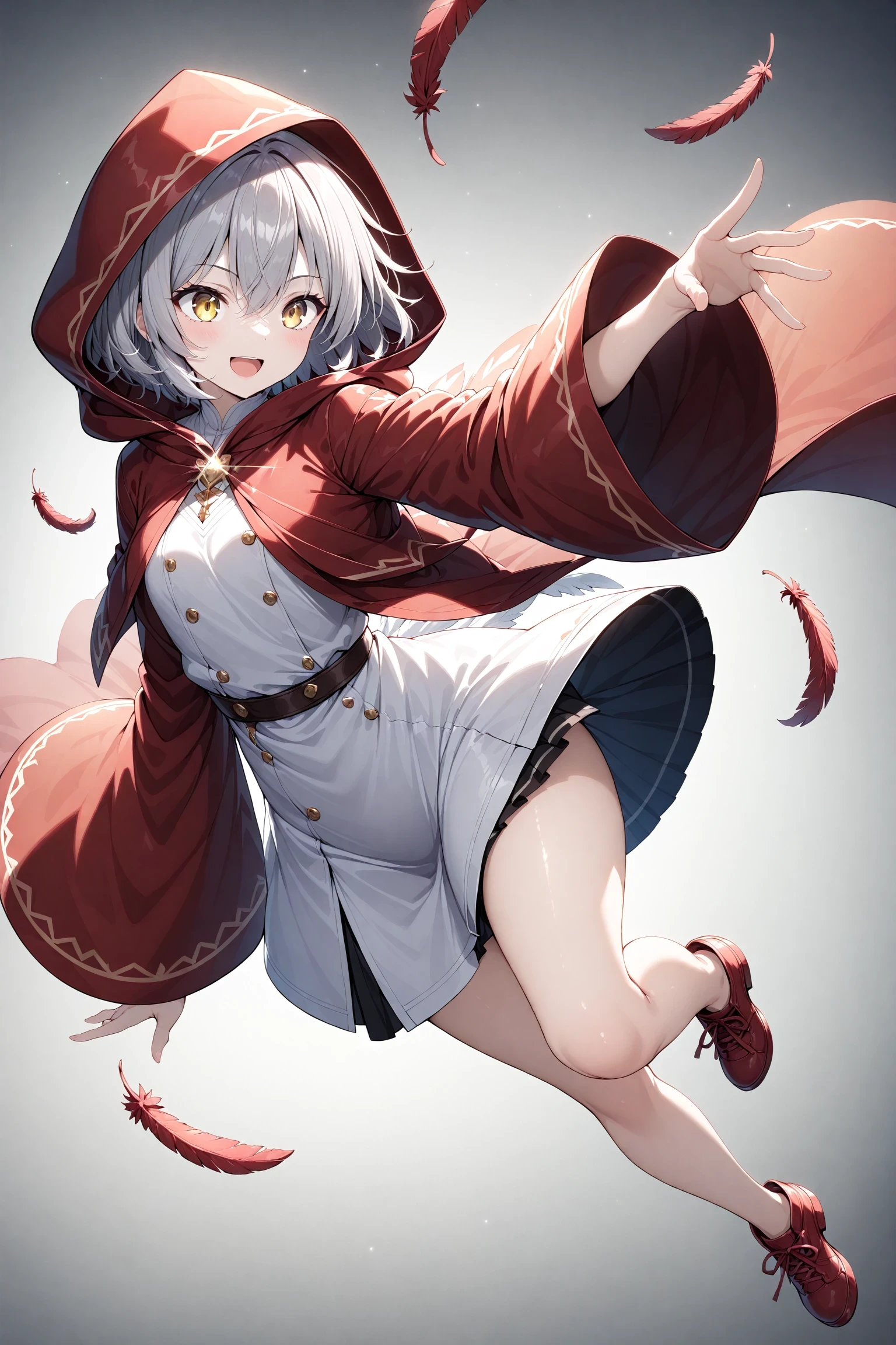 1girl, solo, dynamic angle, dynamic pose, feathers, glint, gradient background, grey background, grey hair, hair between eyes, hood, hood up, long sleeves, open mouth, red footwear, red hood, shoes, short hair, smile, wide sleeves, yellow eyes, masterpiece, best quality