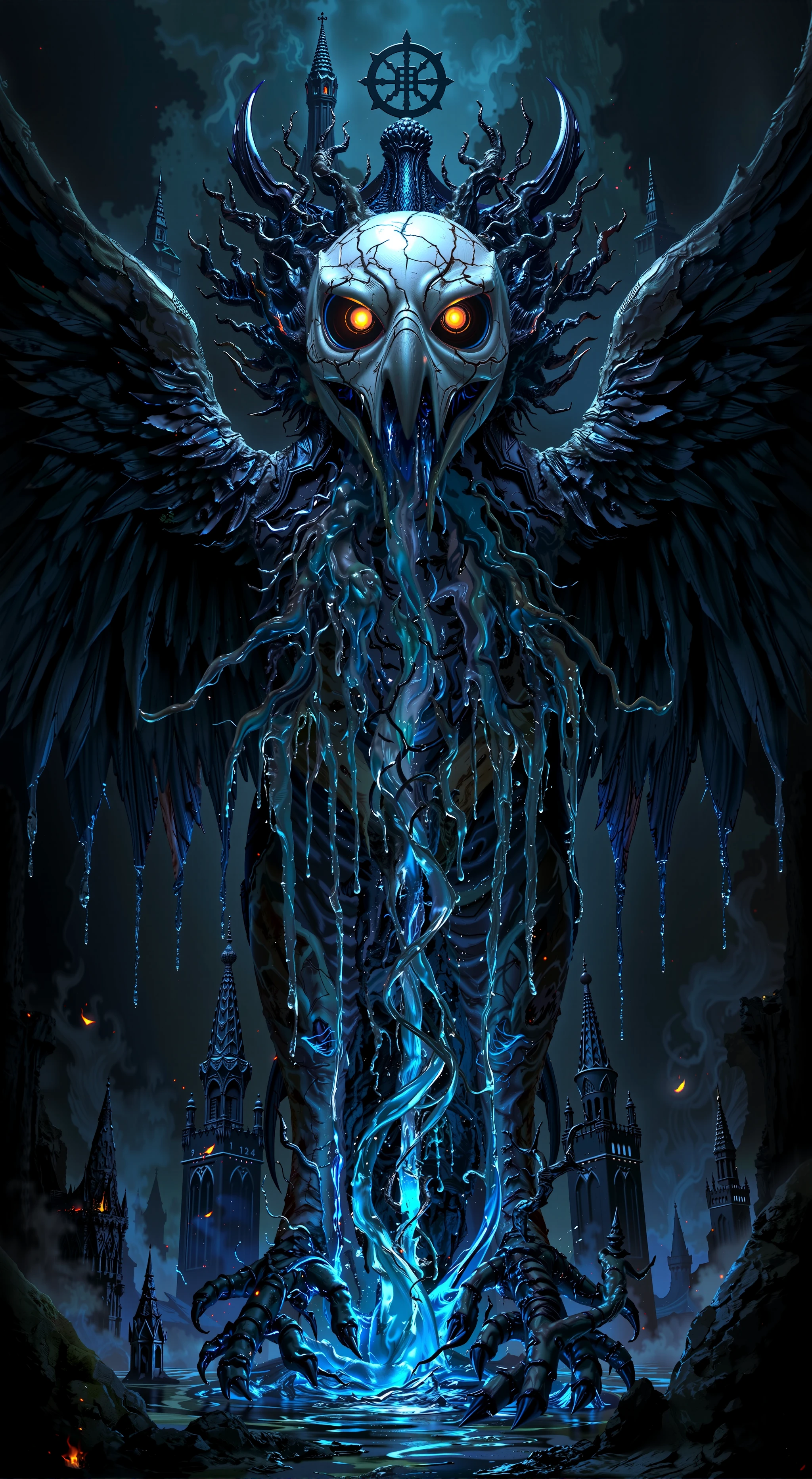 In a dark, gothic landscape, a Garuda-bodied figure with a grotesque Japanese ghost mask hovers in haunting silence. Streams of molten blue lava ooze from the cracks in the mask, flowing over the Garuda's outstretched wings and solidifying into glowing, crystalline forms that pulse with an eerie light. The Garuda's fierce eyes, filled with malevolent intensity, radiate a sinister glow as twisted roots burst from its eye sockets, twisting down like tendrils of ancient evil. Flames flicker menacingly around its talons, interwoven with icy water that freezes upon contact with the molten blue lava. The background features towering gothic spires and cursed symbols faintly illuminated by the flickering light. The entire scene is a blend of fiery intensity, chilling cold, and supernatural horror, amplifying the menacing aura of the Garuda in this unearthly, cursed realm. MSKLDJM
<lora:MaSk_DJM230x_FLUX-000001.safetensors:1.2:1.2>