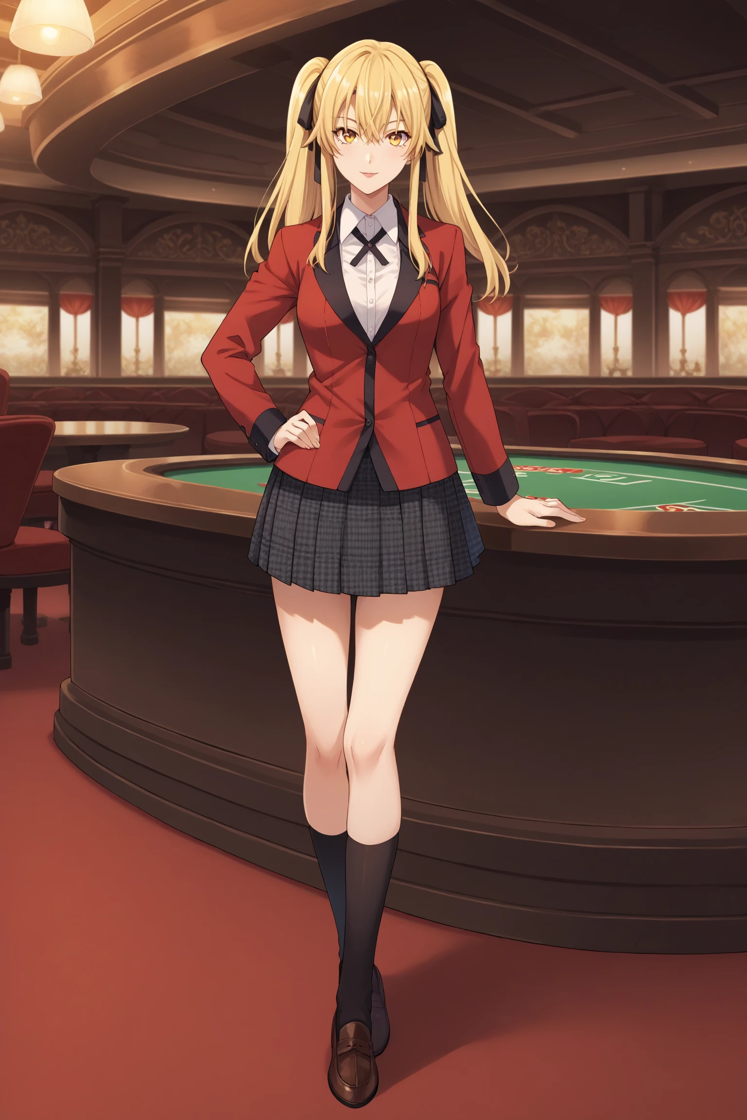 saotome mary, long hair, blonde hair, twintails, black hair bow, hair between eyes, yellow eyes, hyakkaou academy school uniform, long sleeves, blazer, red jacket, suit jacket, white shirt, collared shirt, black neck ribbon, black skirt, plaid skirt, pleated skirt, black kneehighs, loafers, <lora:Mary_Saotome:0.8>, score_9, score_8_up, score_7_up, score_6_up, score_5_up, source_anime, rating_safe, medium breasts, indoors, casino, 1girl, solo, looking at viewer, <lora:age_slider_v4:4>, standing, (full body:1.2)