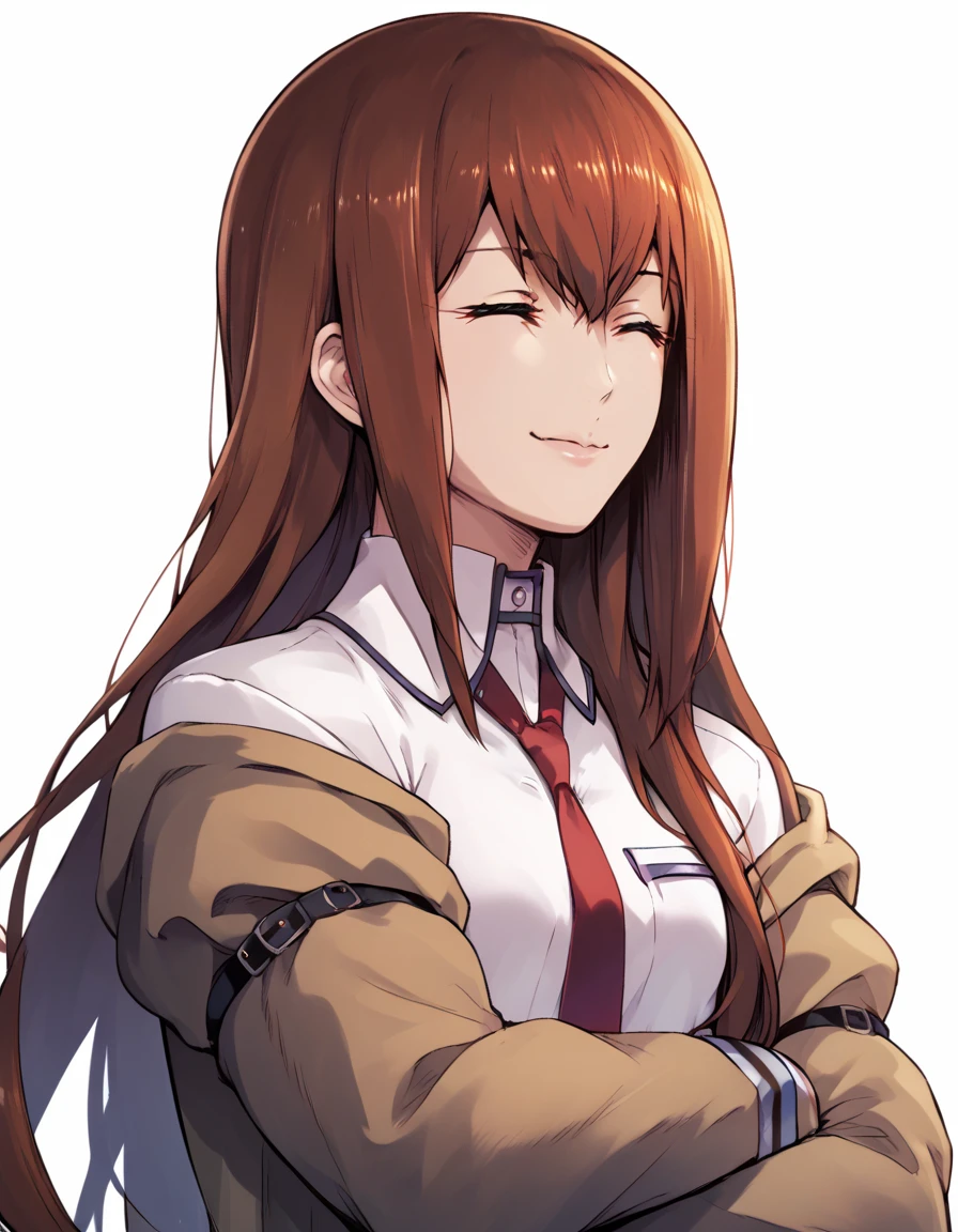 score_9, score_8_up, score_7_up, score_6_up, source_anime,muscular,makise_kurisu, long hair, brown hair, red necktie, jacket, white collared shirt,
1girl,solo ,upper body,simple background,white background,  crossed arms, smile, ,closed eyes,   <lora:meme_ouki_pony:1>  <lora:Kurisu_Pony:1>