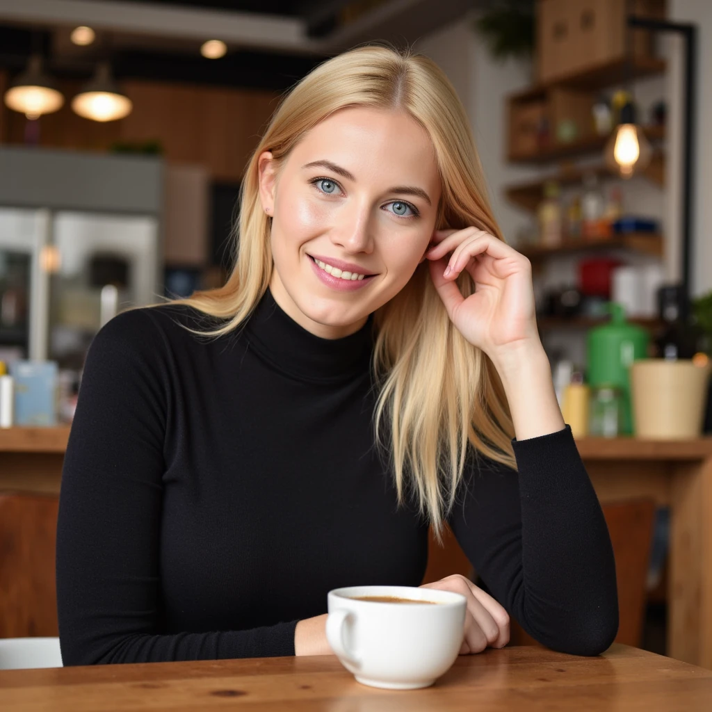 photo realistic, 30mm amateur photo without text and watermarks, natural detailed skin, blonde MDoroshina woman wearing a turtleneck dress sitting in a cafe having a coffee, looking at viewer, smiling <lora:MDoroshina_flux_v1:1.3>