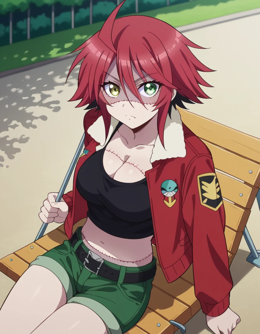 score_9, score_8_up, score_7_up, source_anime, <lora:zombina-s1-ponyxl-lora-nochekaiser:1>, zombina, short hair, large breasts, green eyes, yellow eyes, ahoge, red hair, heterochromia, stitches, zombie, patchwork skin, navel, cleavage, jacket, shorts, midriff, belt, open jacket, crop top, short shorts, tank top, red jacket, green shorts,, public park, playground, swing set, laughter, sunny day, , looking at viewer, sitting, elbow rest, table,, solo,, dutch angle,