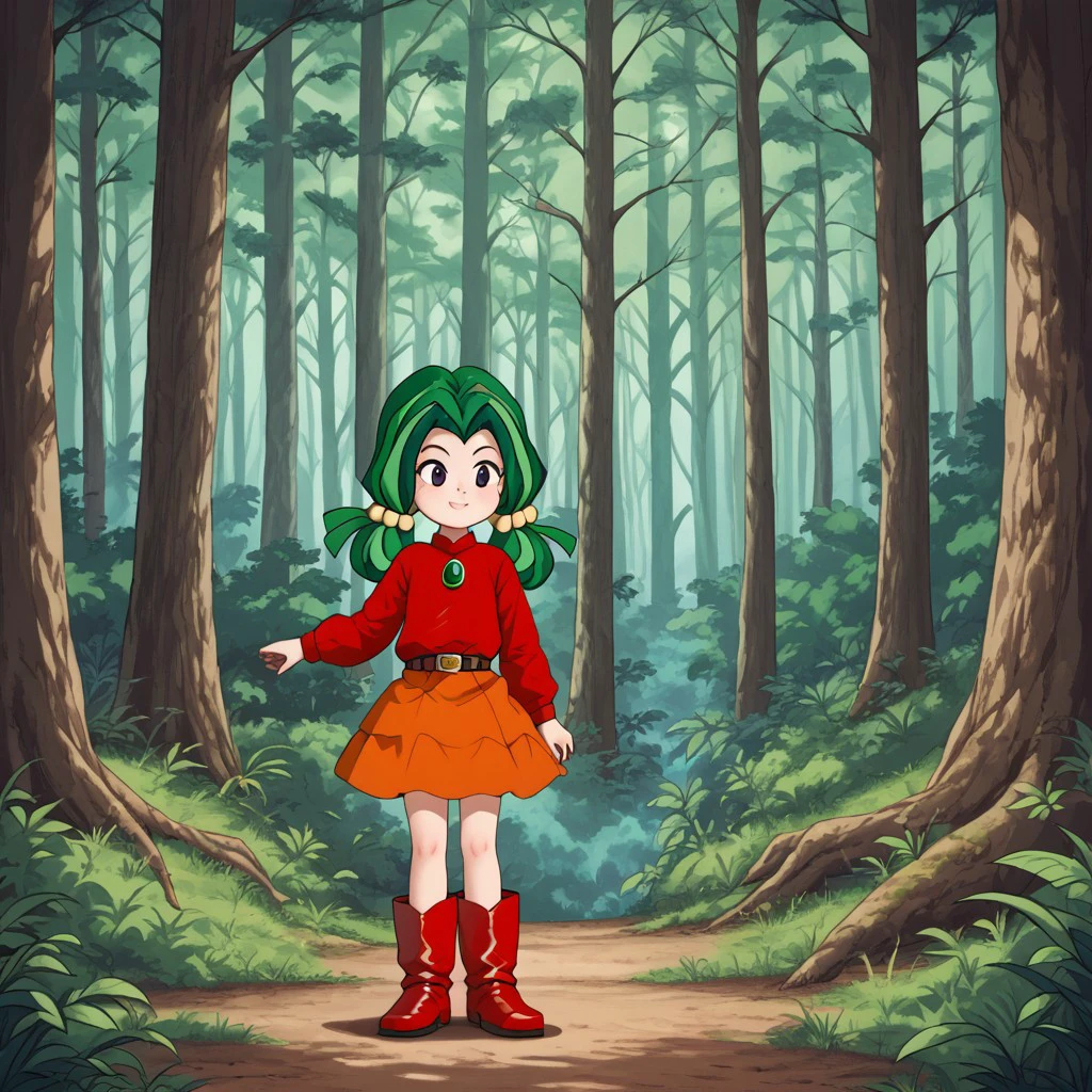 1girl, solo, Yadamon, green hair, multicolored hair, butterfly hair, twintails, black eyes, dress, red dress, long sleeves, belt, skirt, orange skirt, boots, red boots, red footwear, smile, full body, standing, forest, front view