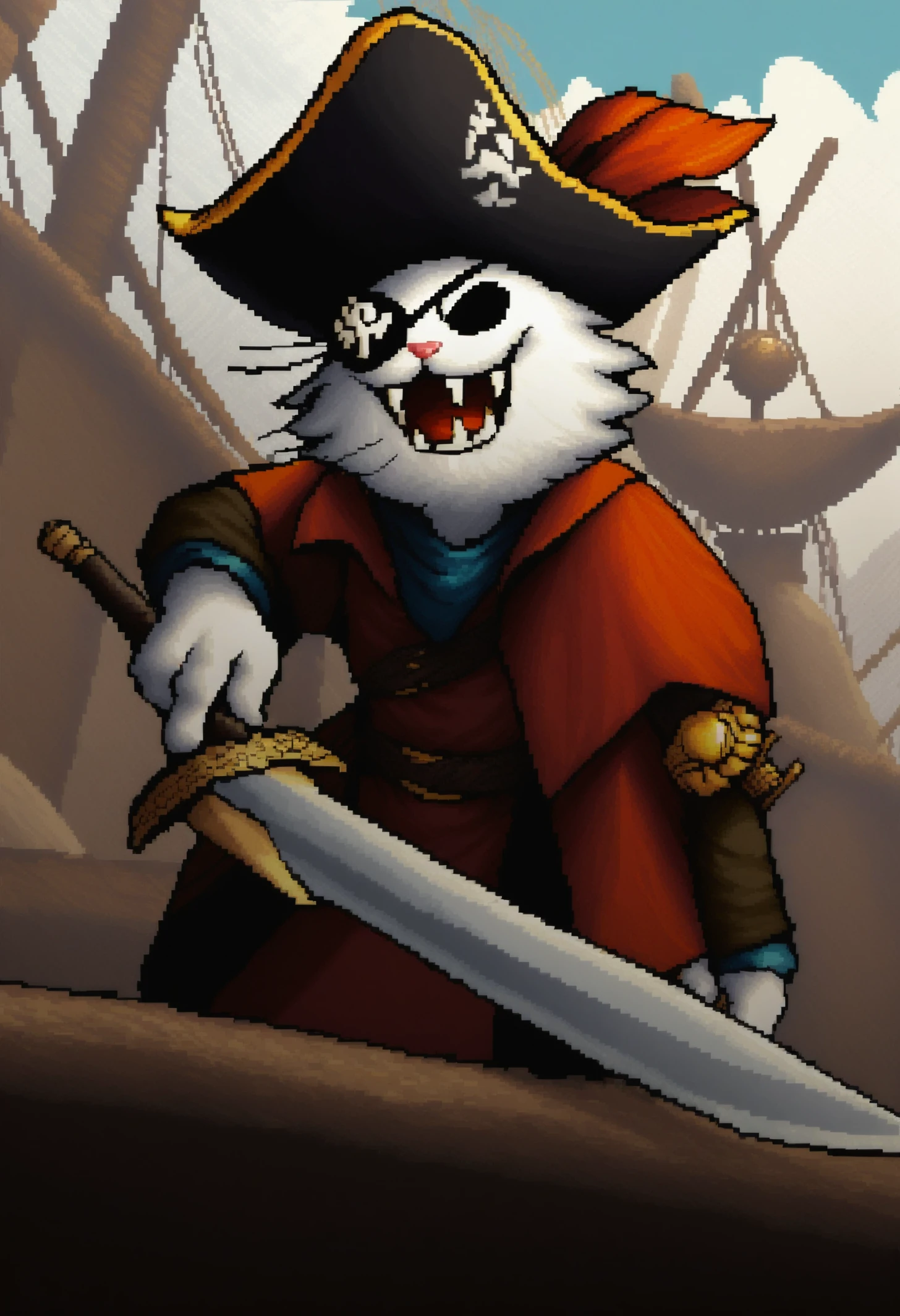 yoshistyle, pixel art,  safe_pos, score_9, score_8_up, score_7_up, 1boy, pirate captain, cat, solo, anthro, evil, fangs, eyepatch, holding, sword, pirate ship