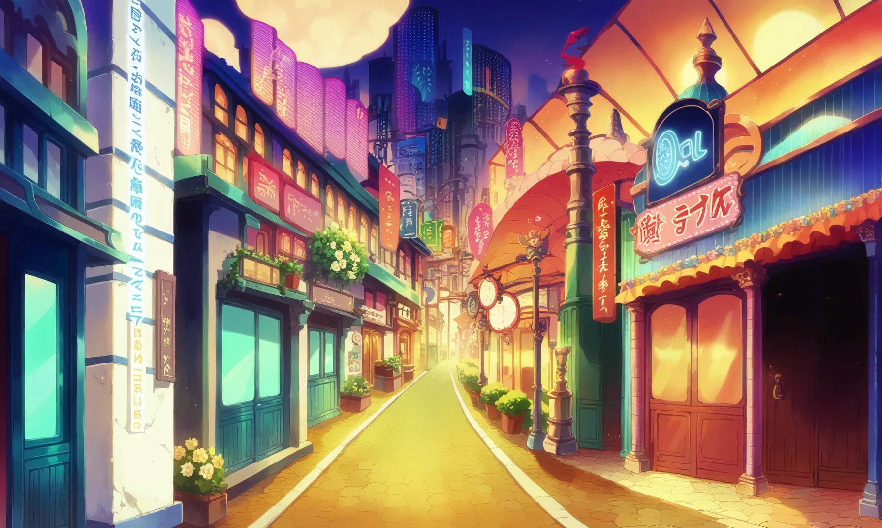 <lora:Plasmagica_Show_By_Rock_Backgrounds_pxl:1> score_9, score_8_up, score_7_up, score_6_up, score_5_up, score_4_up, source_anime, plasmagica_style, art_style, scenery, neon lights, building, window, door, train station, outdoors, light, sunlight, sunset, city, night, road, sign, flower, screen, train, cityscape