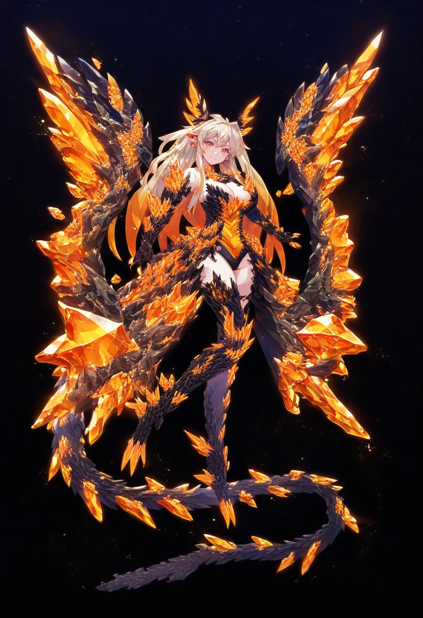 score_9, score_8_up, score_7_up, 1girl, dragon girl, crystal dragon girl,black dragon tail, dragon wings, orange theme,
long hair, large breasts, cleavage,,cute face,,starry night, detailed background, dark background,glittering,glimmering, atherical,starry night,  standing  , clothed,
,orange crystals,full body, yellow hair, smile, closed mough <lora:futtora-01:0.9>