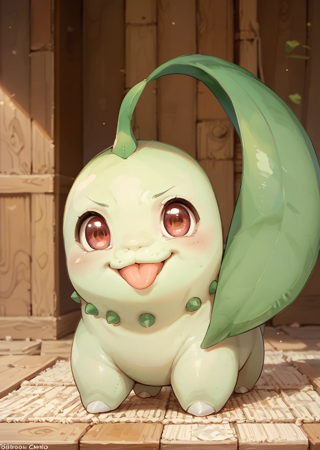 score_9, score_8_up, score_7_up, score_6_up, score_5_up, score_4_up, cute female furry feral chibi chikorita, looking at viewer, happy, smiling, disgusted, wrinkling nose, sticking out tongue, nature background, source_furry <lora:Chikorita:1> chikorita, pokemon (creature)