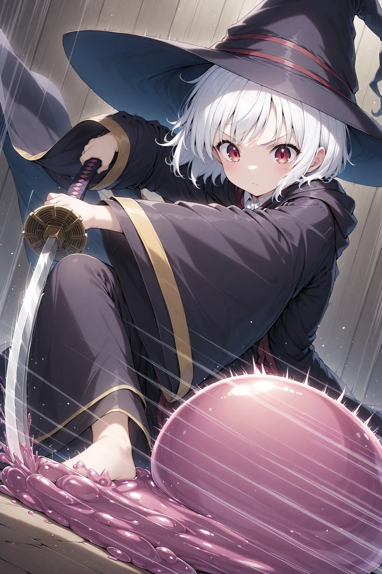 cute, 1girl, solo, wizard, wizard hat, robe, dynamic angle, close-up, dynamic pose, white hair, short hair, red eyes, speed lines, holding hilt, katana, fighting stance, stepped on lying slime, masterpiece, best quality